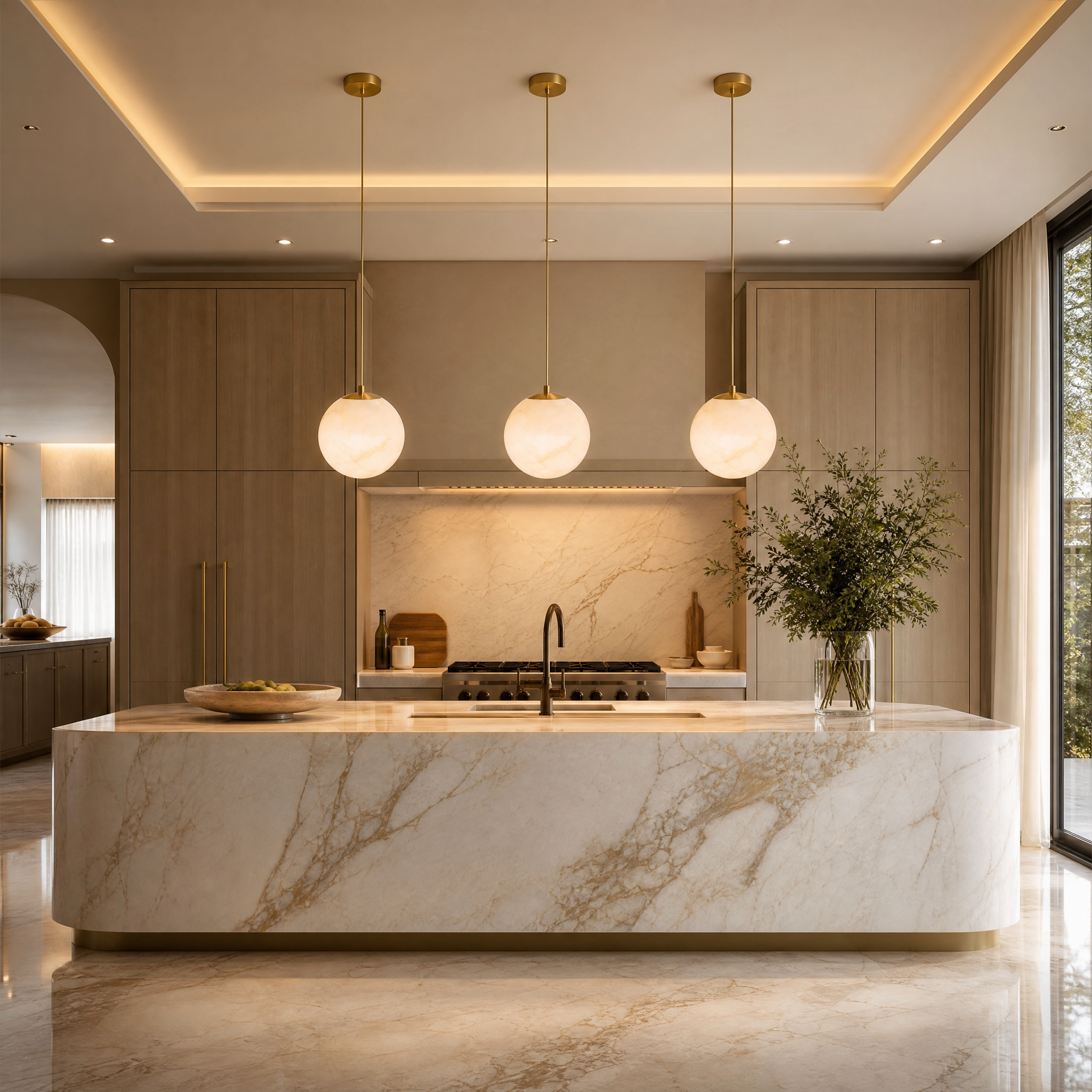 VORELLI Jupiter marble pendant light casting a warm, ambient glow over a modern dining table in a luxury residential interior.