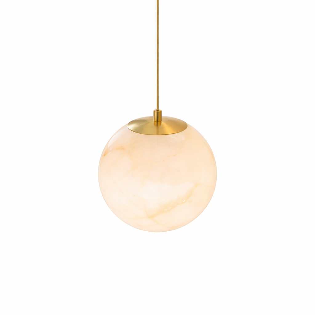 Jupiter marble pendant light profile view showcasing the seamless architectural suspension and soft alabaster illumination.