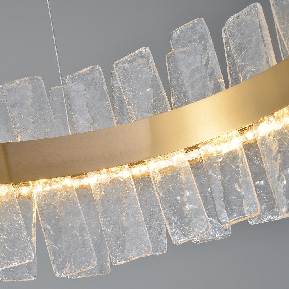 Close detail of cracked crystal elements on Kensington circular chandelier