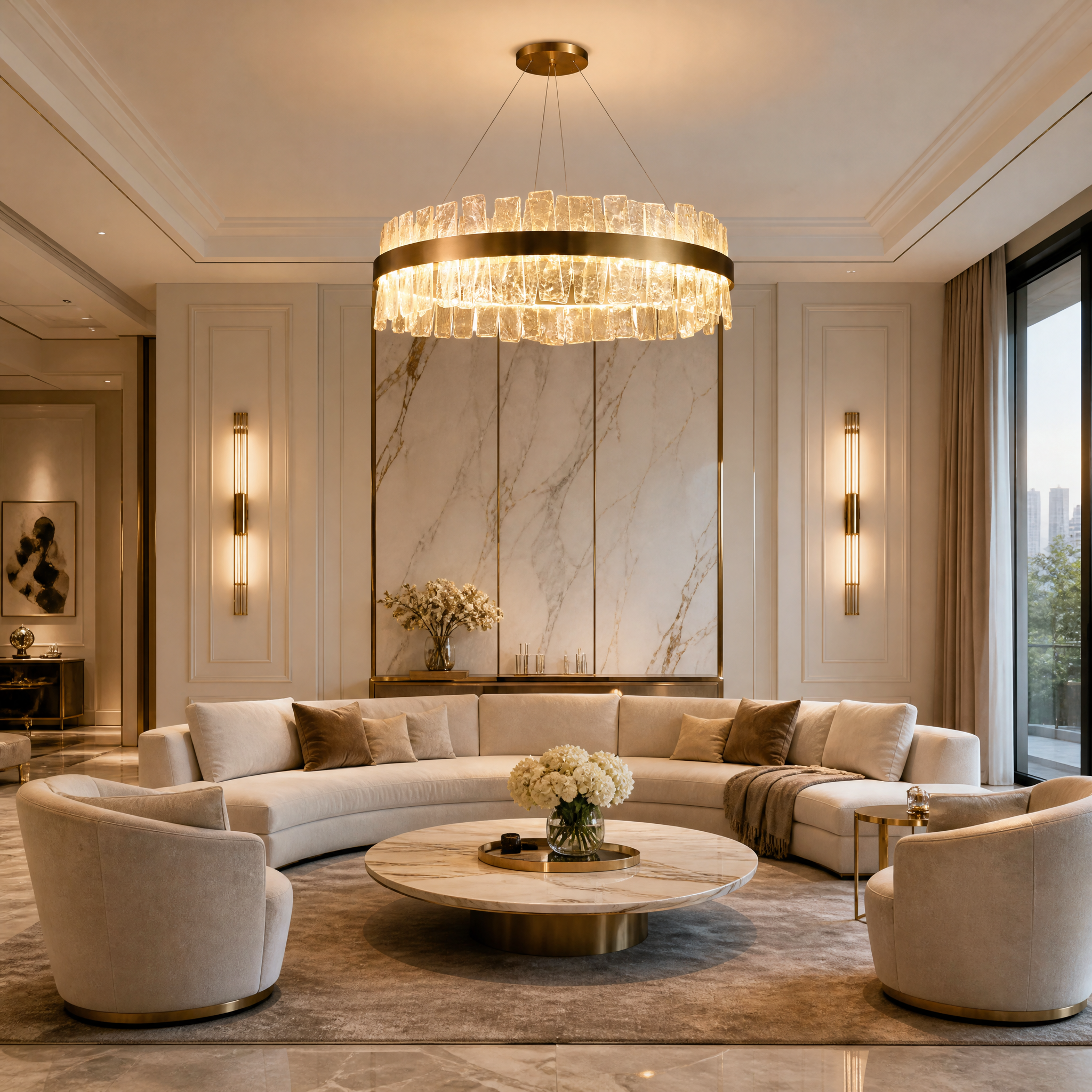 The VORELLI Kensington circular chandelier illuminating a sophisticated luxury residential living room, casting a warm glow through its cracked crystal accents.