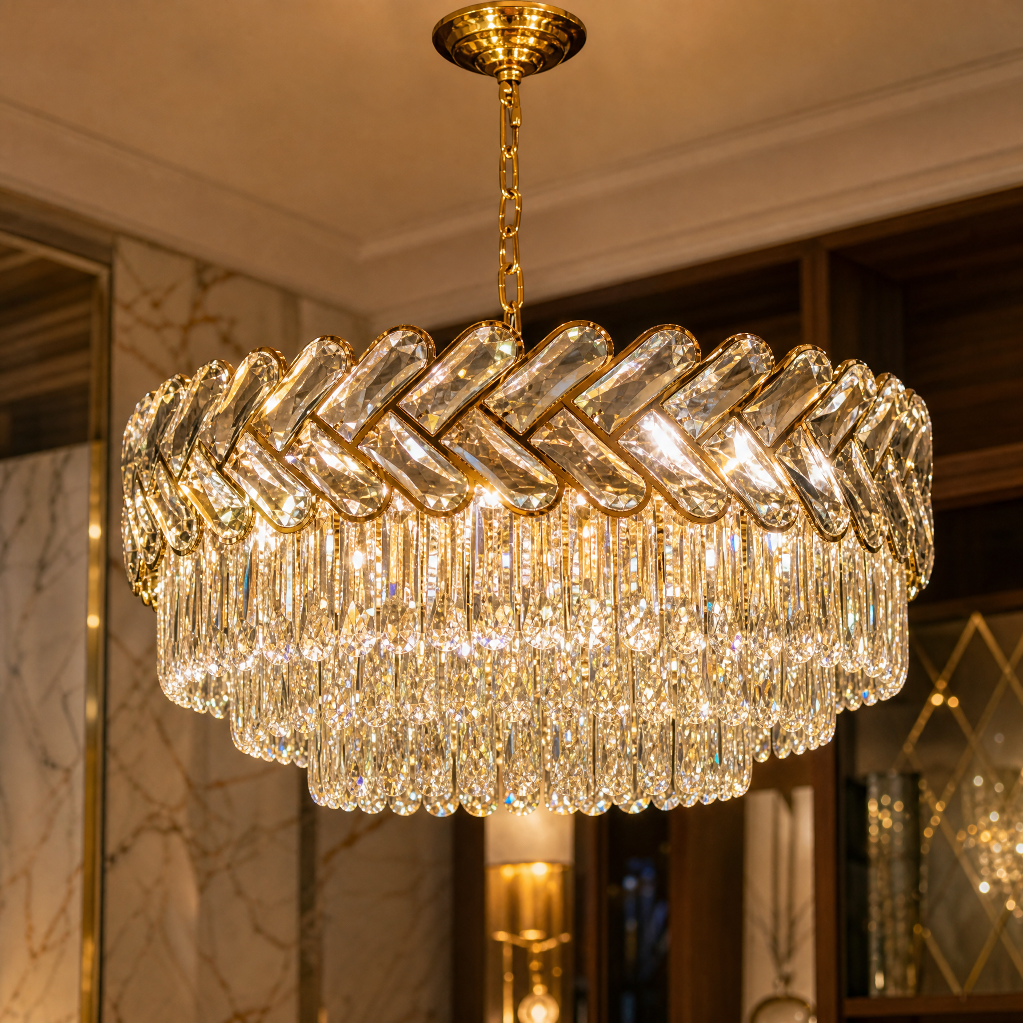 Macro closeup of the VORELLI Knightsbridge chandelier highlighting the intricate two-tone chevron crystal arrangement and refined metallic frame.