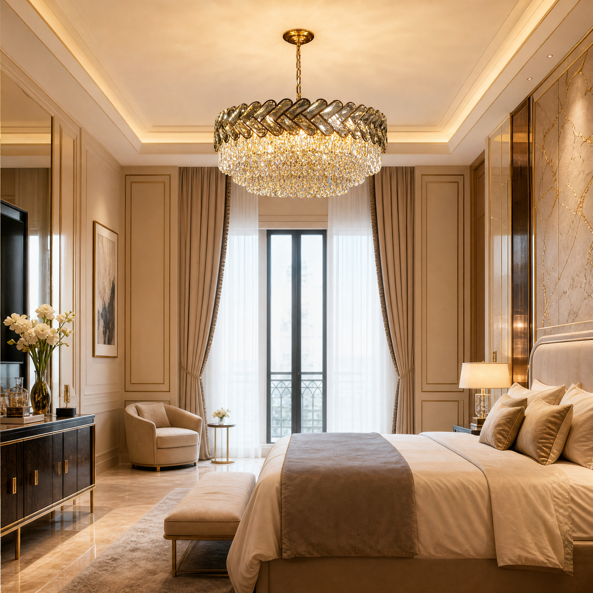 Grand hospitality installation of the Knightsbridge circular chandelier with chevron crystals in a high-end boutique hotel lobby entrance.