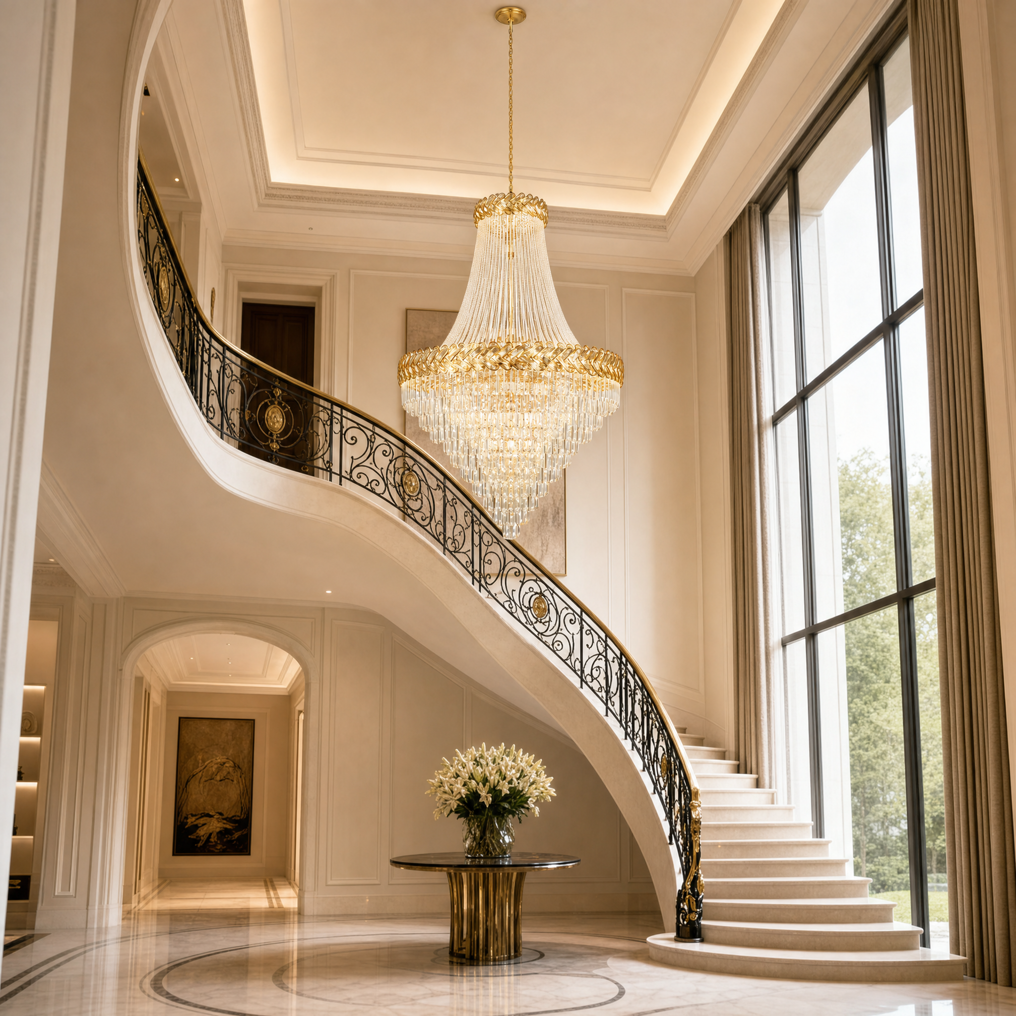 VORELLI Knightsbridge Grandeur 2-tier crystal staircase chandelier installed in a luxury residential hallway, illuminating an elegant modern home interior.