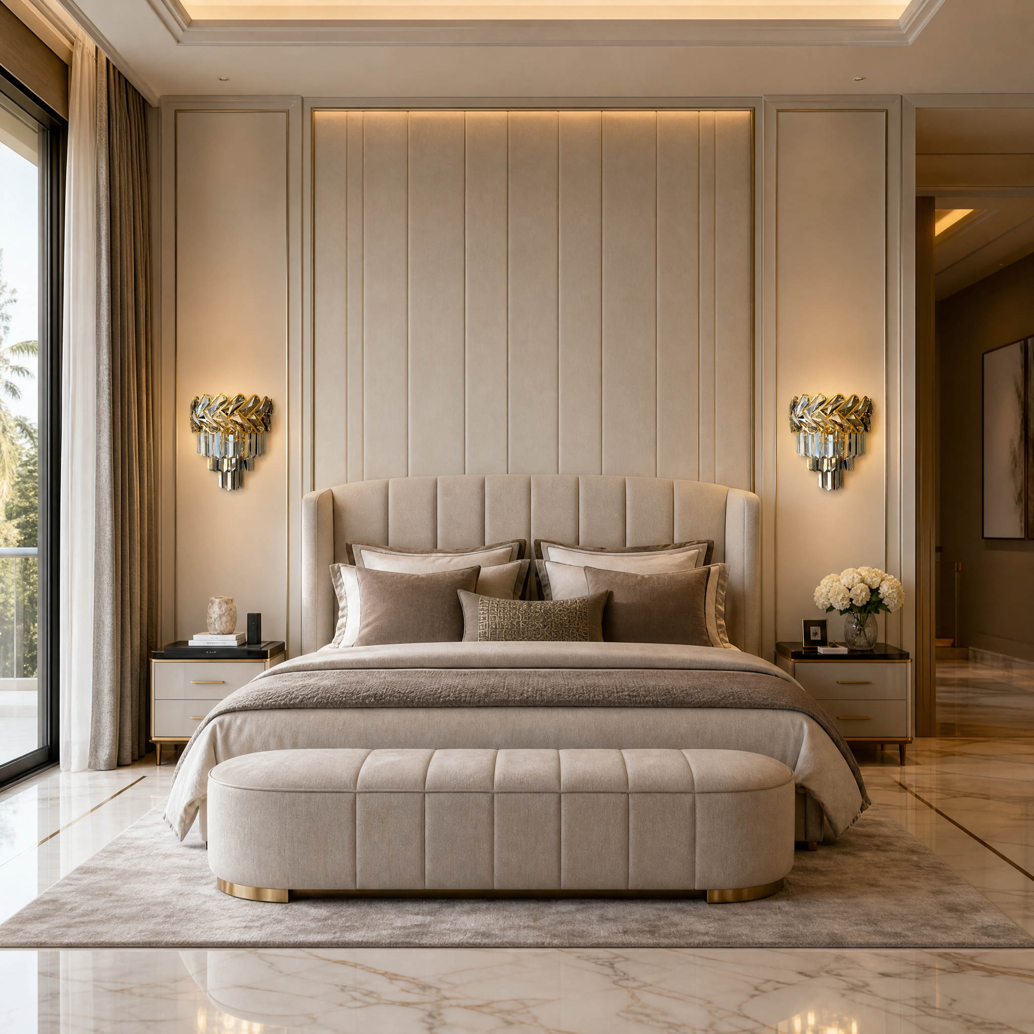 The VORELLI Knightsbridge luxury crystal wall light illuminating an elegant, high-end residential living room interior.
