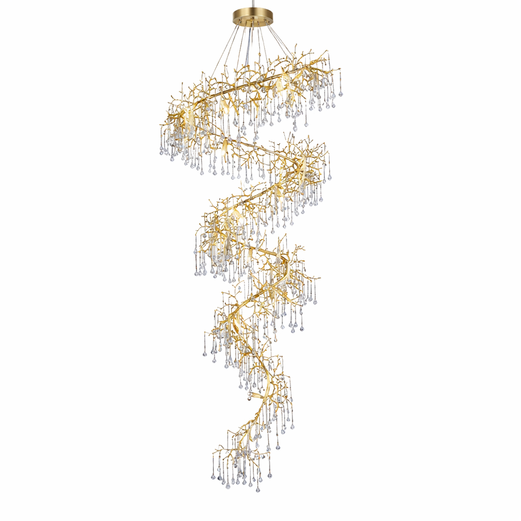 L’Albero d’Oro chandelier viewed from below highlighting the spiral geometry and intricate glass lighting elements