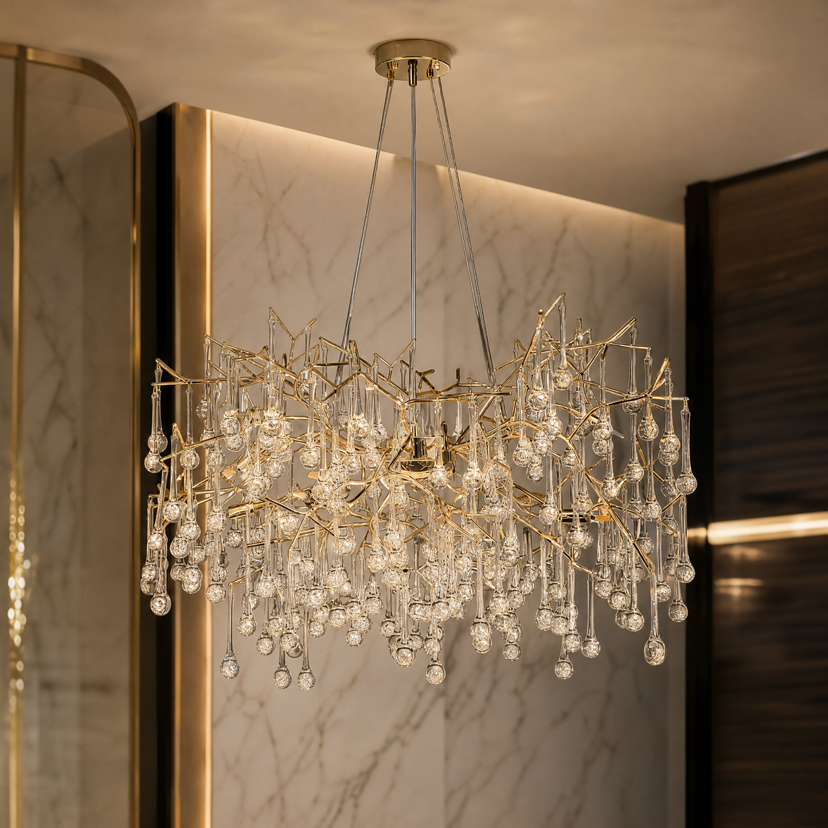 Close-up detail of the VORELLI L'Albero d'Oro chandelier showing intertwined golden branches and suspended crystal droplets.