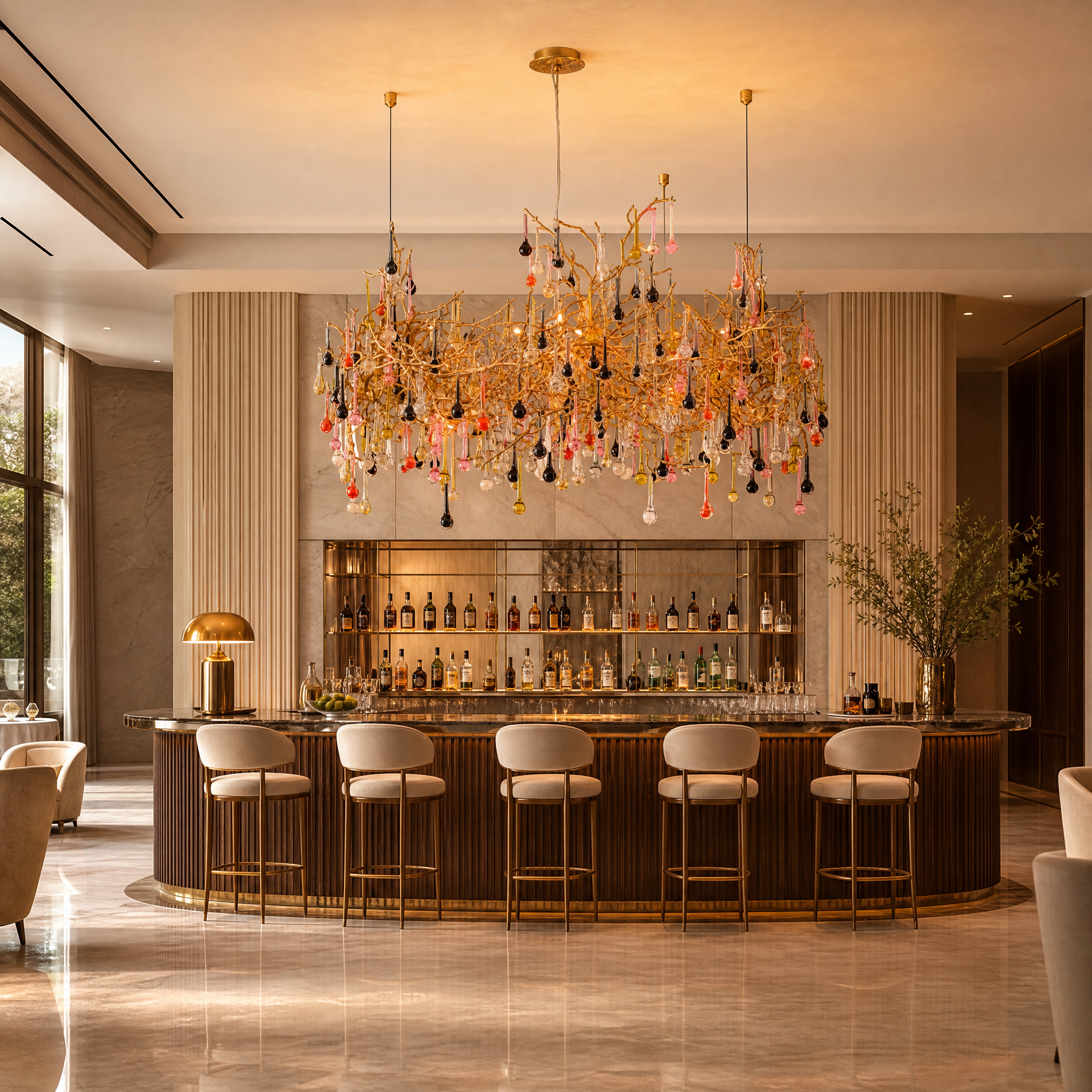 The sculptural golden frame of VORELLI L'Albero d'Oro rectangular chandelier hanging in an upscale hotel lobby or luxury hospitality interior.