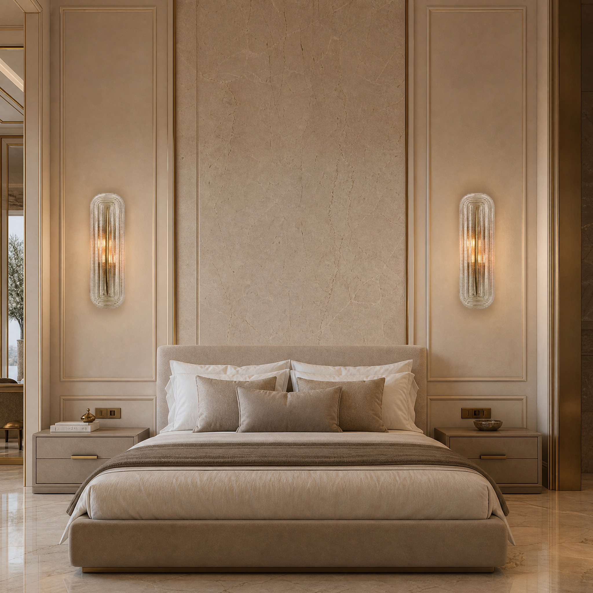 VORELLI Lazario midcentury modern ribbed glass wall light casting a warm ambient glow in a contemporary residential living room setting.
