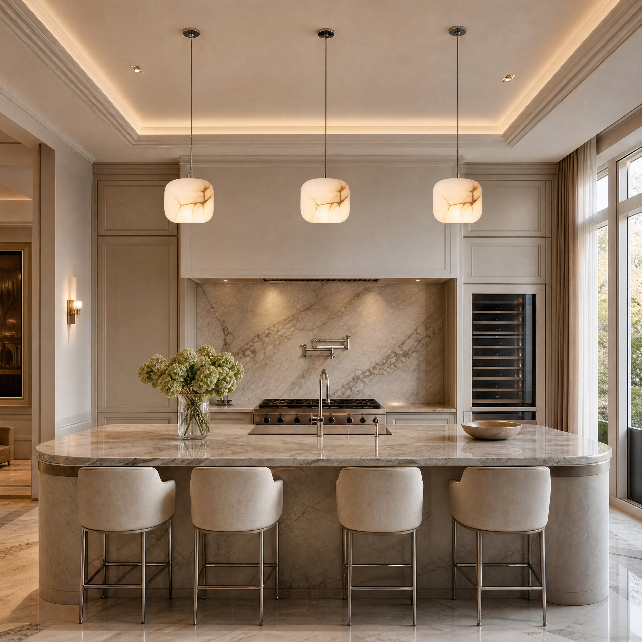 VORELLI Leonardo marble cube pendant light illuminating a luxury residential living room with a warm, elegant ambient glow.