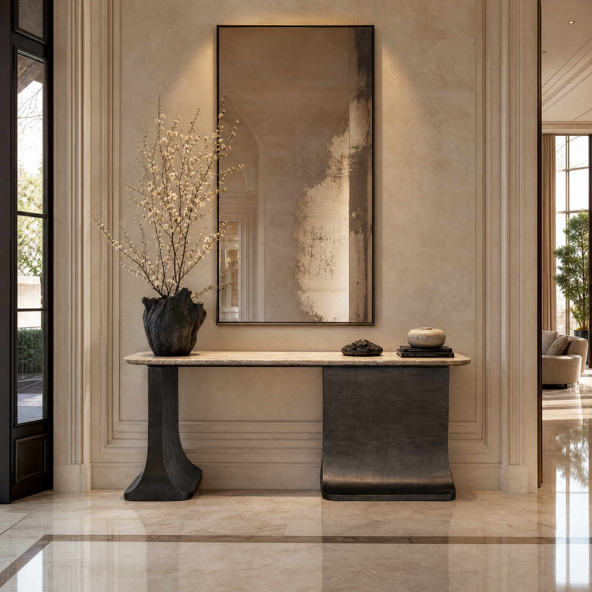 The Lilevo black nickel console table with a natural material top styled elegantly in a contemporary residential hallway with modern decor.