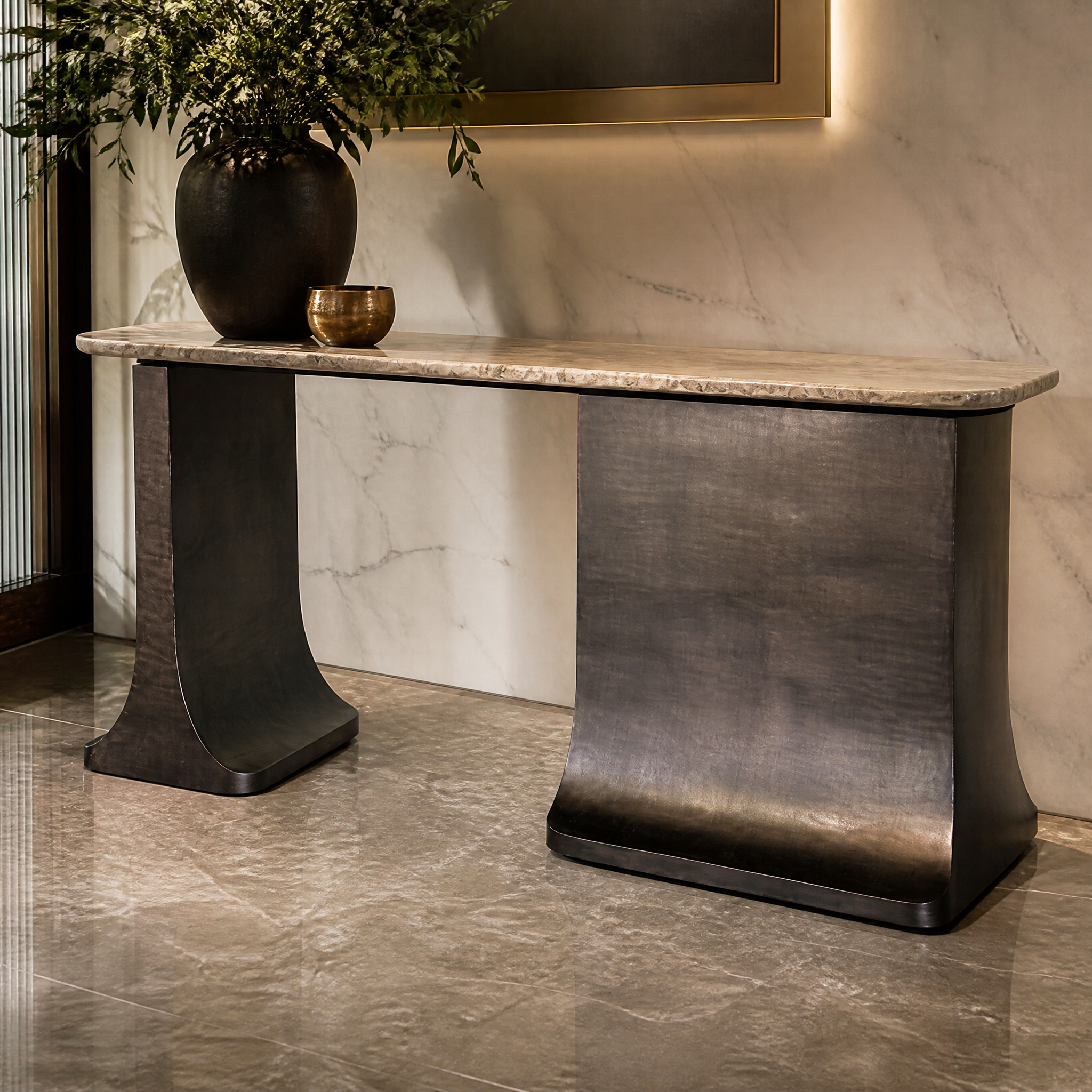 Detailed close-up showing the refined contrast between the sleek black nickel frame and the textured natural material surface of the Lilevo console table.