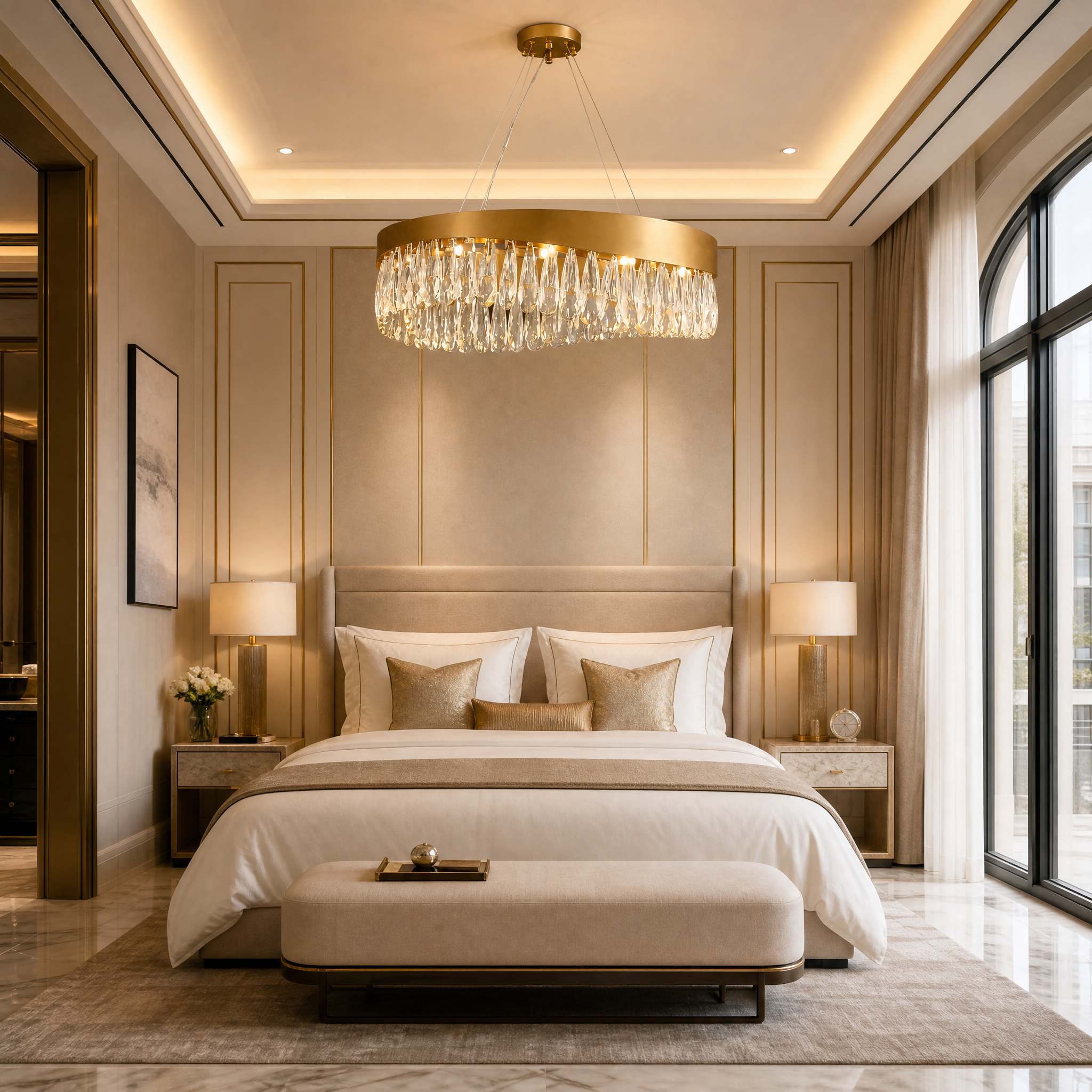 The grand VORELLI Lomazzo circular chandelier hanging as a stunning focal point in a luxury hospitality hotel lobby.