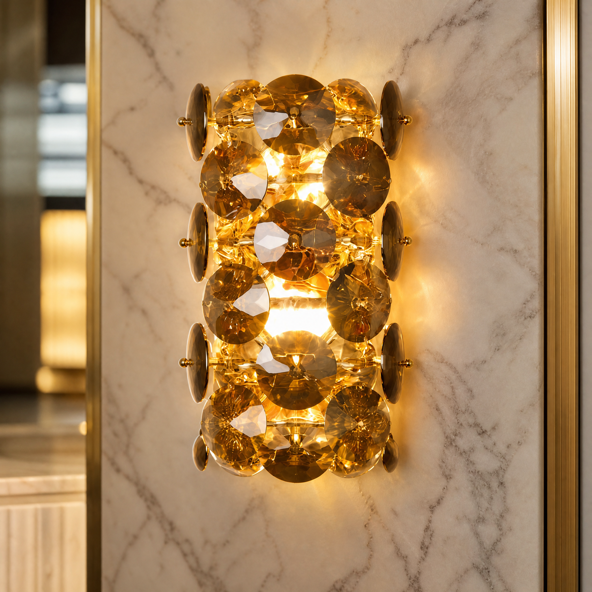 A detailed closeup of the Lorenzo Wall Light showcasing the intricate diamond-cut clear and smoky grey crystal discs.