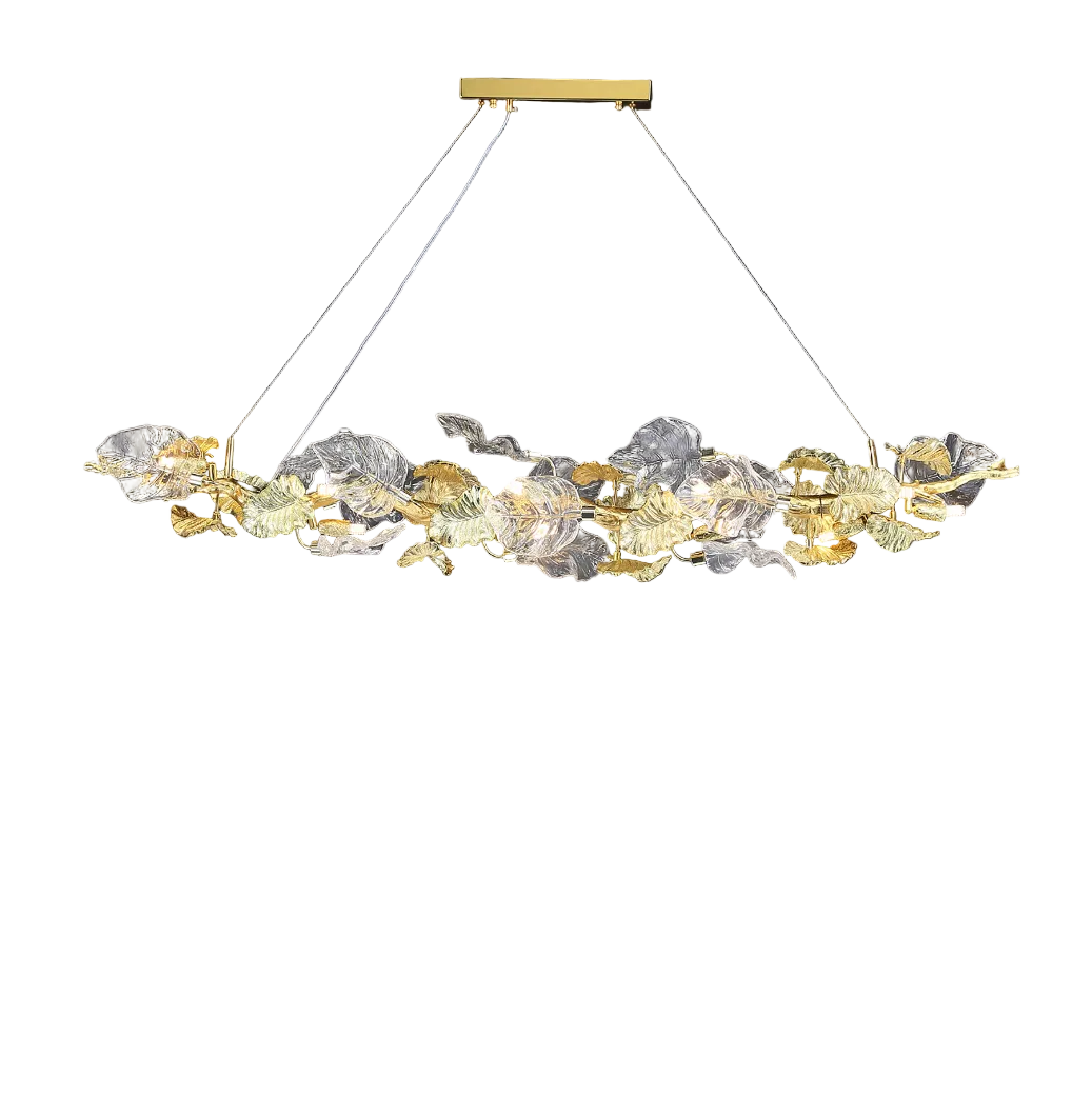Low angle view of the Aura Leaf Rectangular Chandelier showcasing intricate glass leaf arrangements