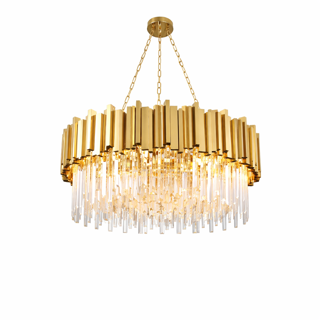 Low-angle view of the Boeotia chandelier casting intricate light refractions through its crystal geometry.