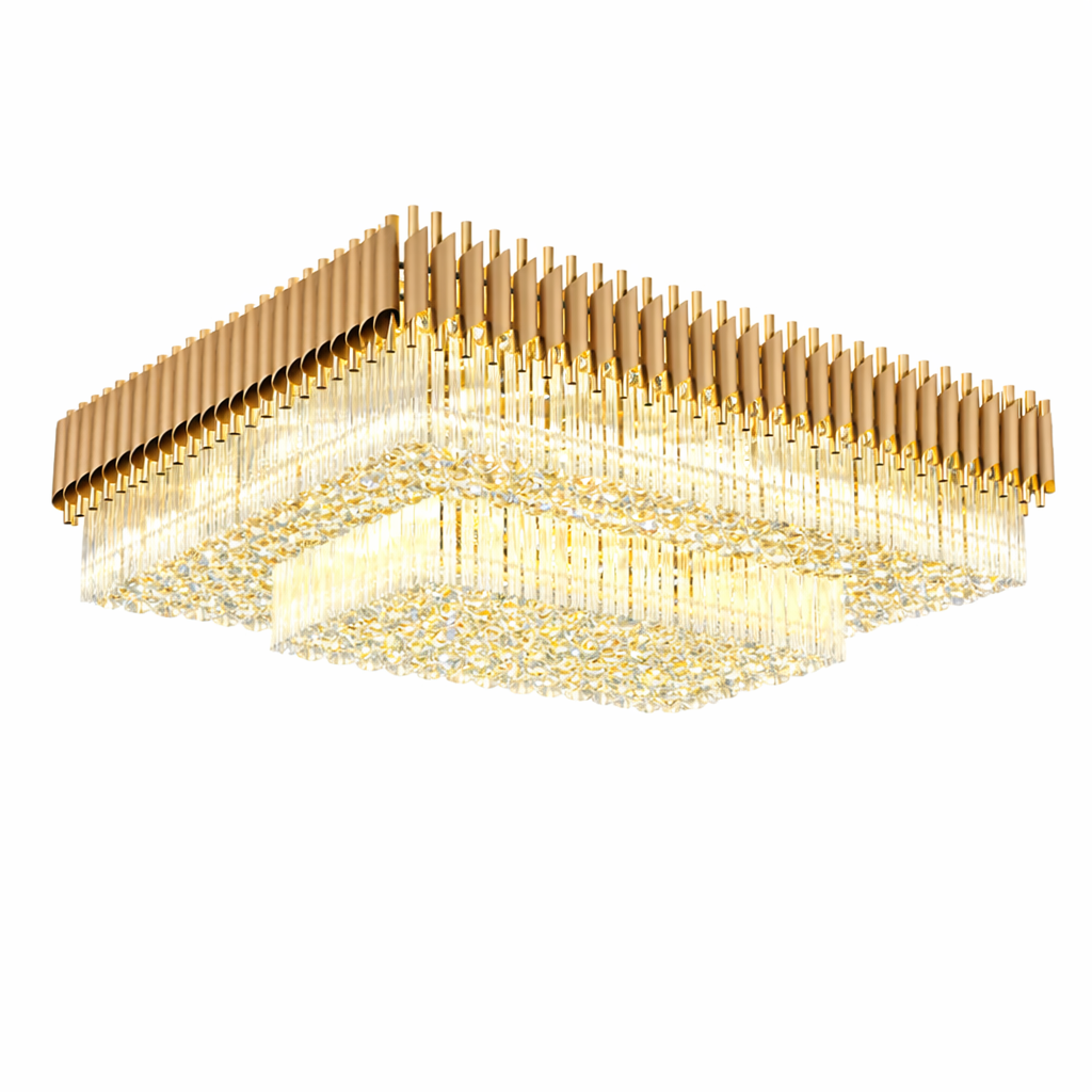Low angle view of the Milltimber Grandeur crystal ceiling light showcasing its tiered structure and brilliant light refraction.