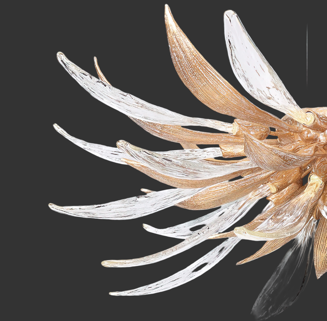Close-up of hand-crafted glass petals on a luxury sculptural ceiling light