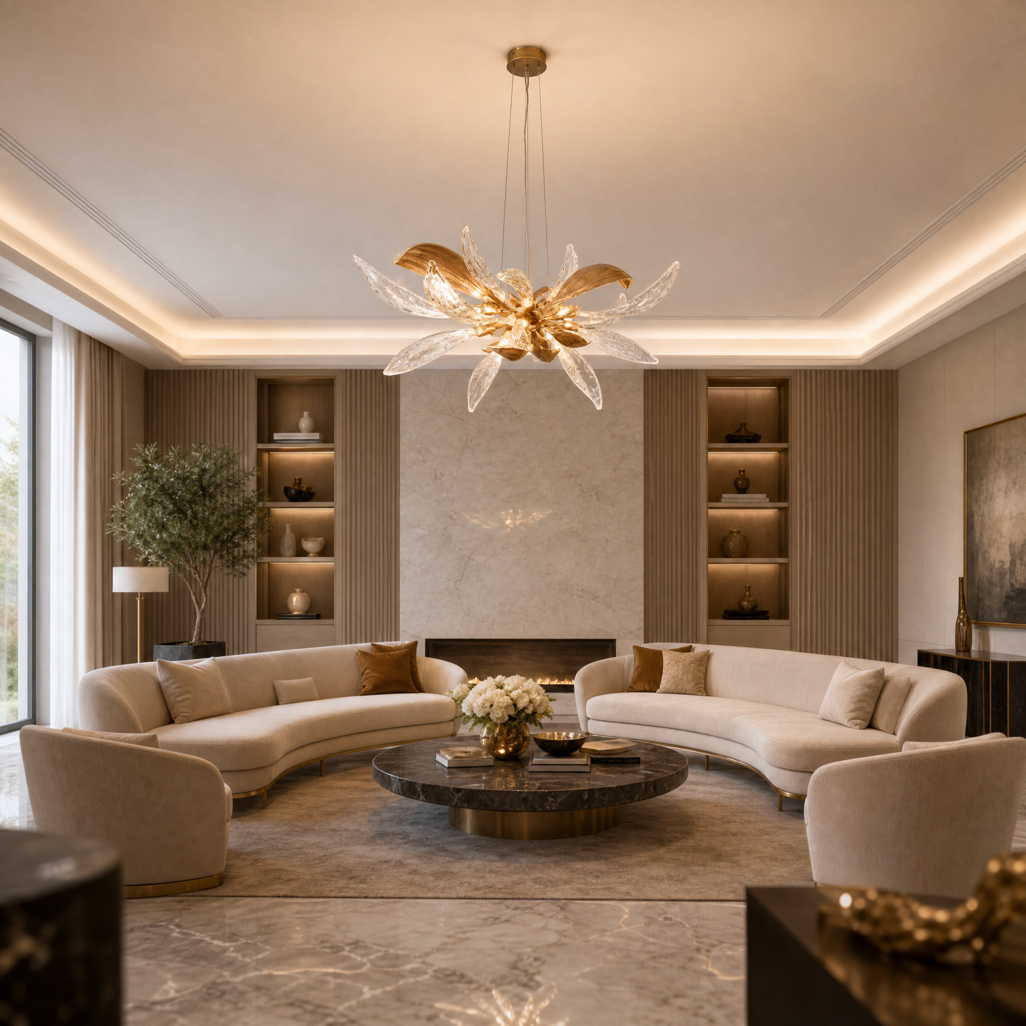 The VORELLI Luciana Circular Chandelier II illuminating a luxury residential living room, casting a soft, warm glow through its sculpted glass petals.