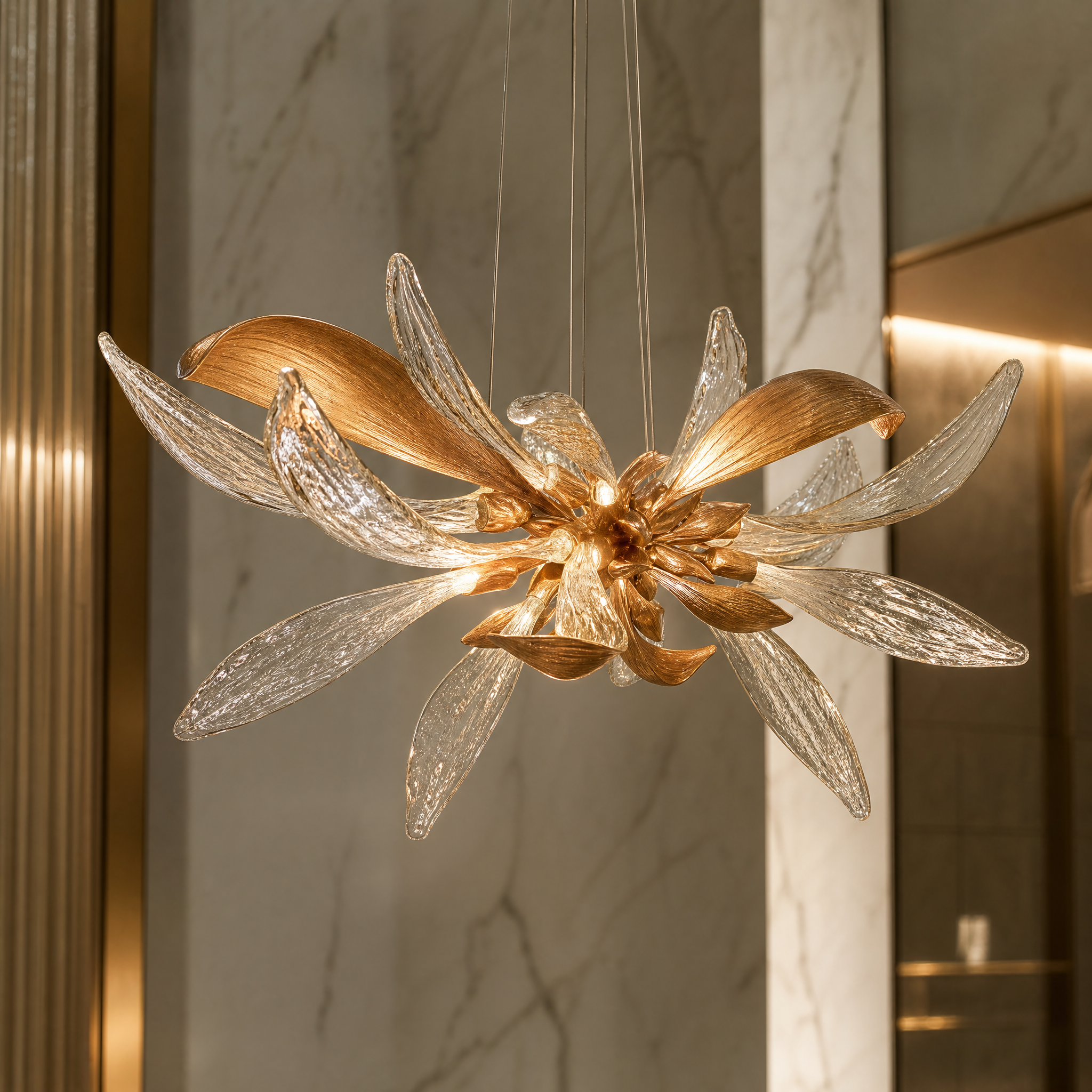 A detailed closeup of the VORELLI Luciana Circular Chandelier II, showcasing the gracefully sculpted glass petals that diffuse light with exceptional depth.