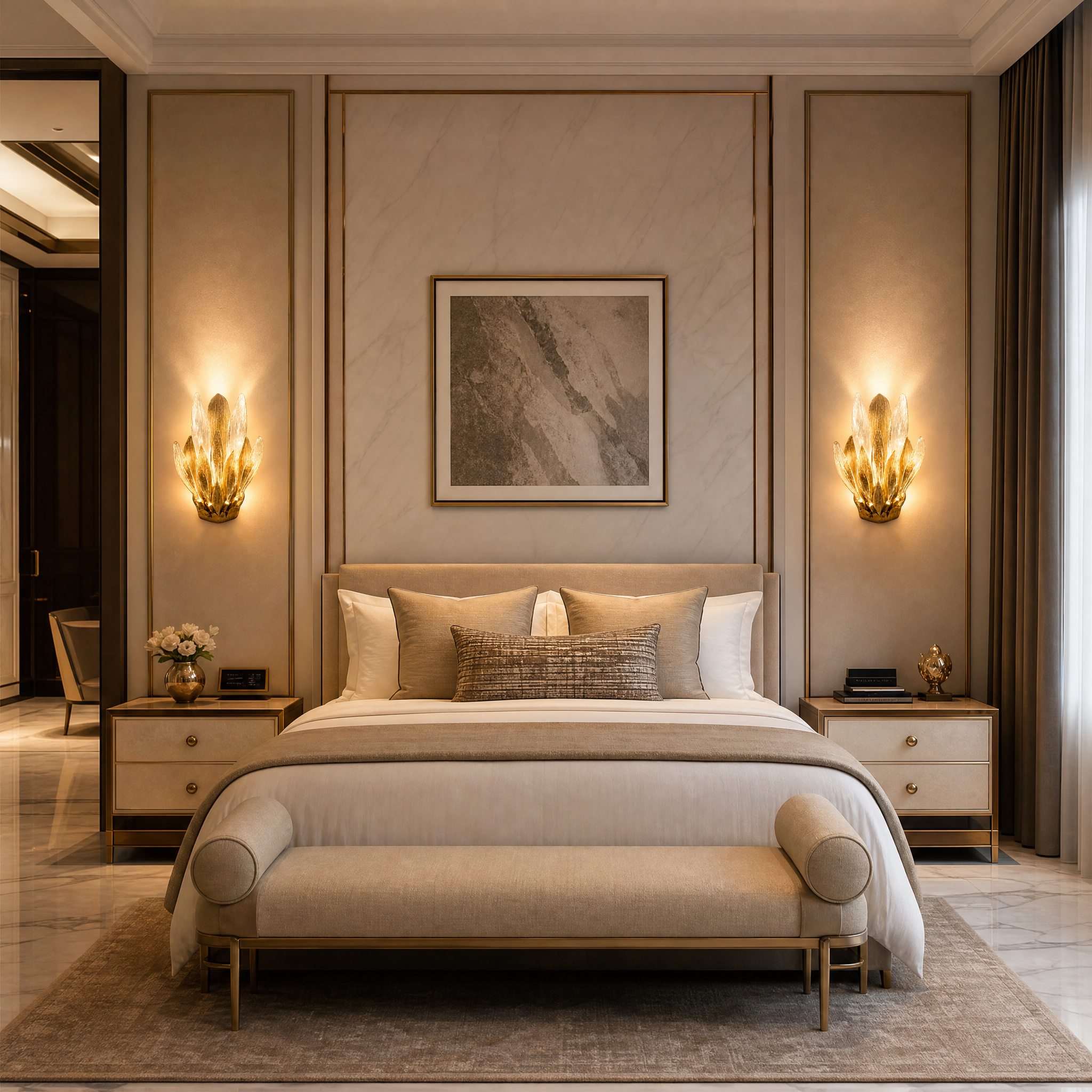 A pair of Luciana wall sconces with floral-inspired glass designs illuminating a sophisticated boutique hotel lobby or hospitality corridor.
