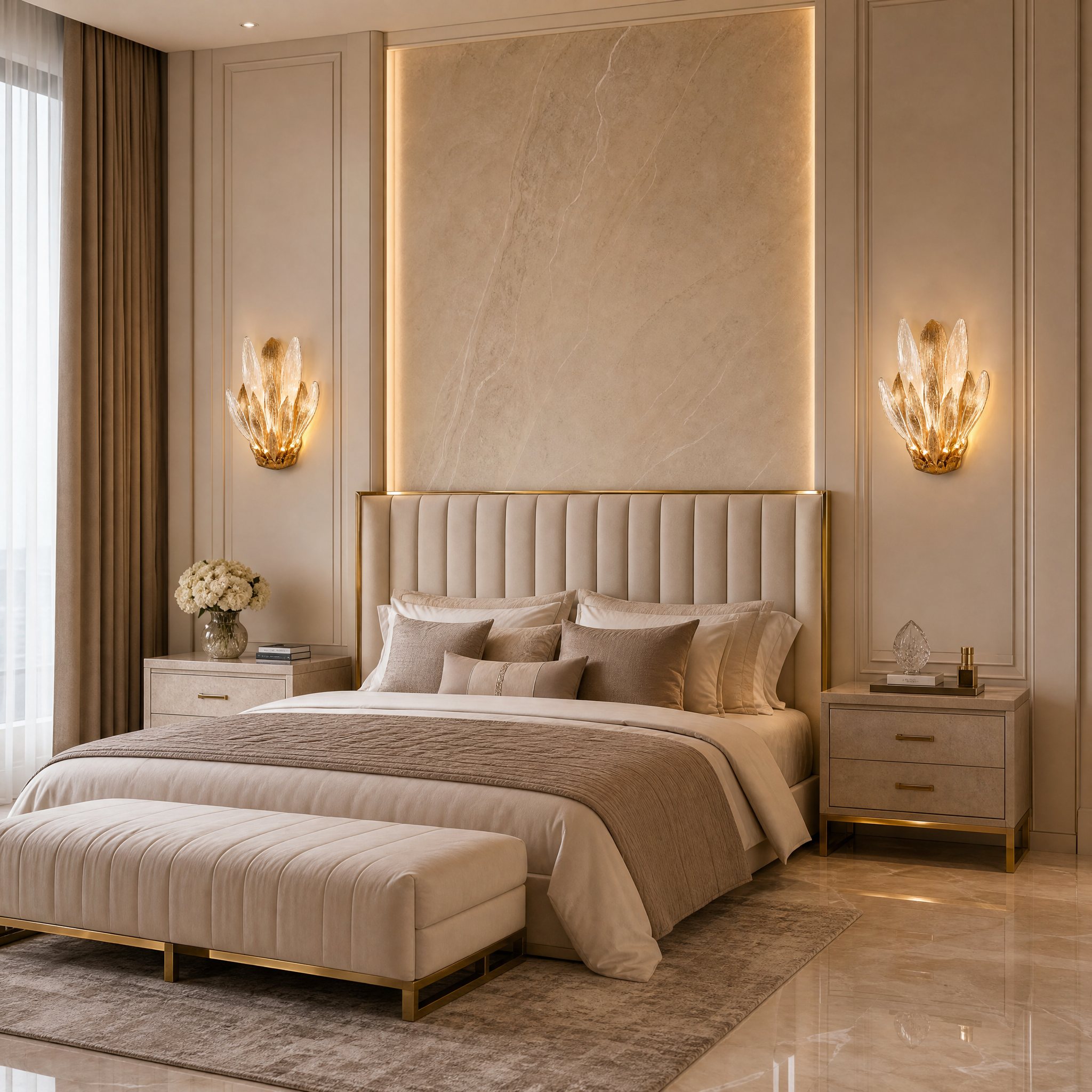 The Luciana Wall Light by VORELLI installed in a luxury residential living room, casting a warm, elegant glow from its sculpted glass petals.
