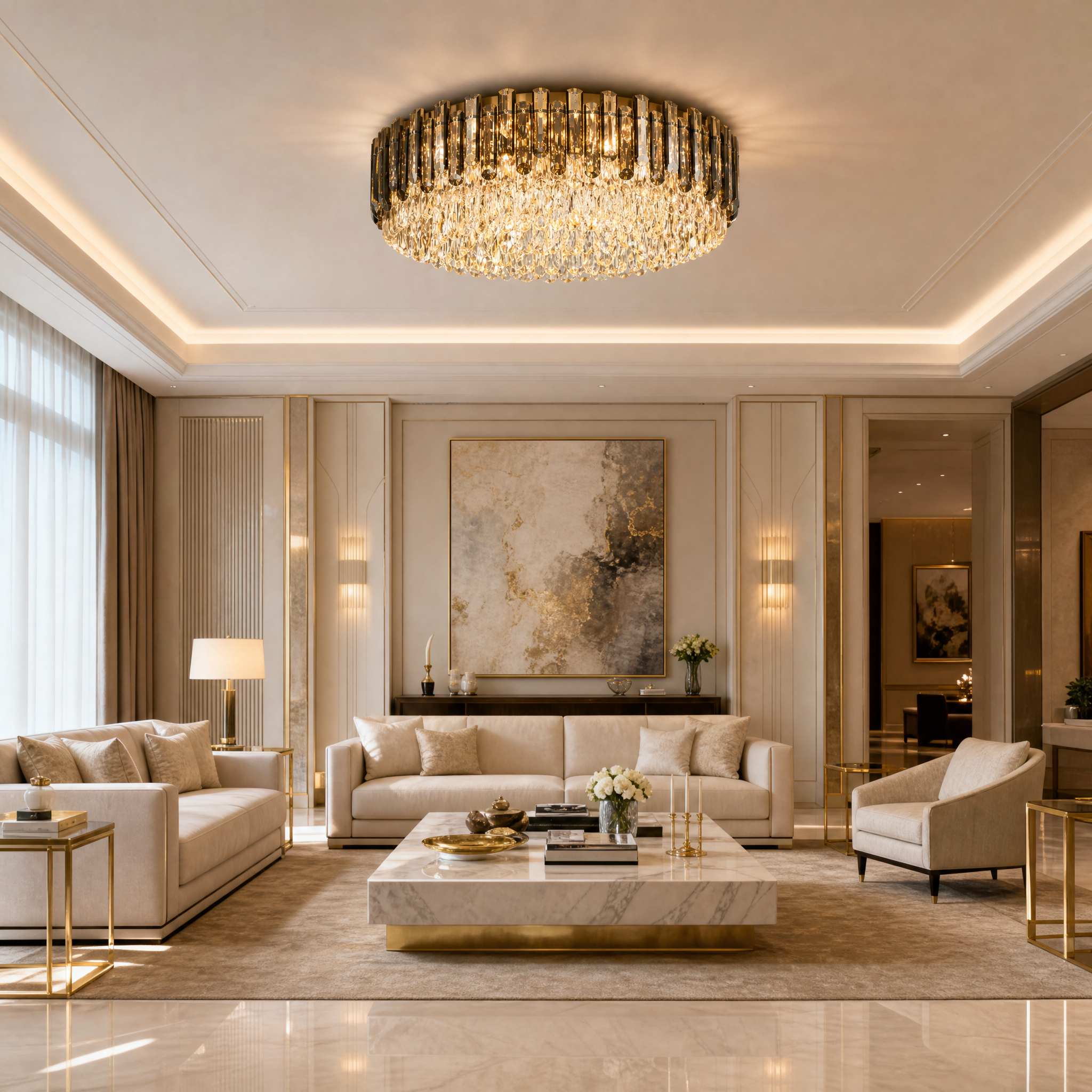 A luxurious Lugano ceiling light illuminating a sophisticated residential living room with smoky grey and clear diamond-cut crystals.