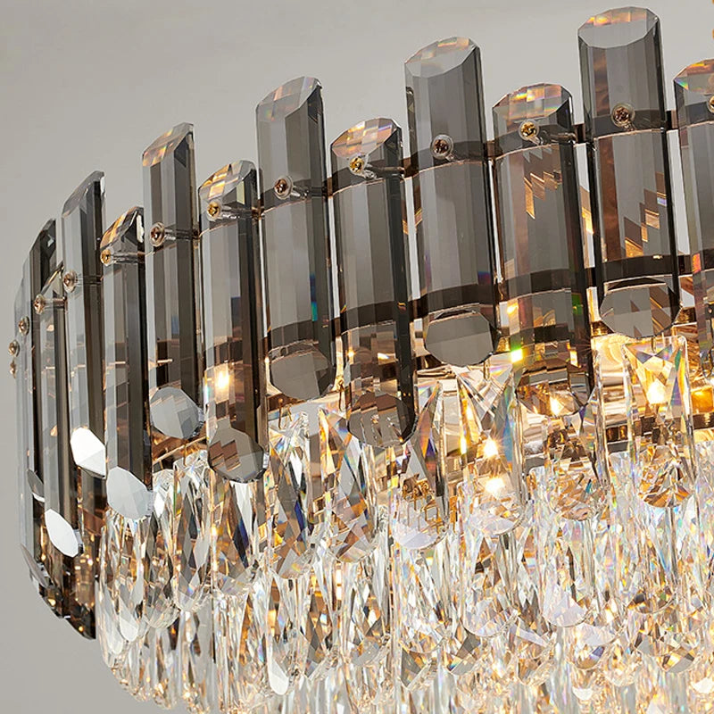 Close up of Lugano Circular Chandelier showing oblong perimeter crystals and gold frame