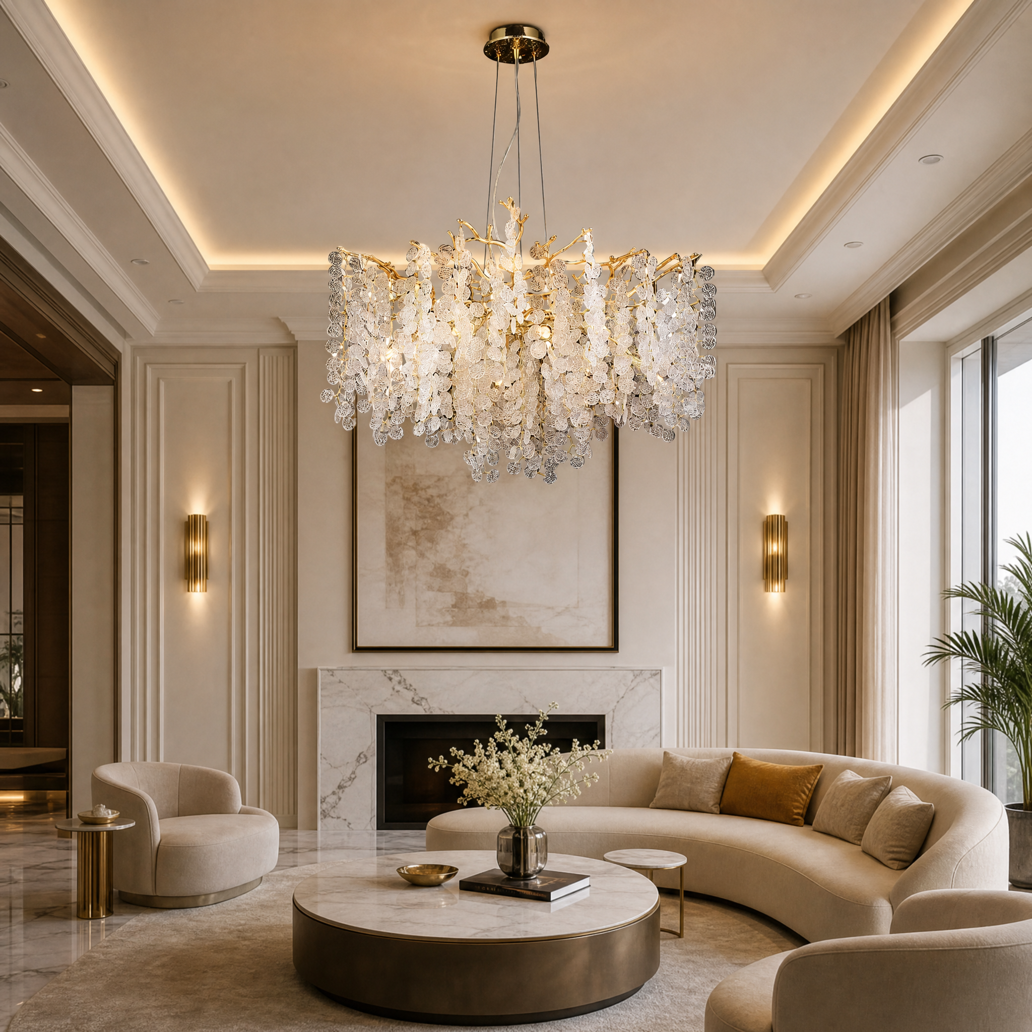 Elegant Lunaria circular chandelier featuring crystal discs and golden branches hanging in a sophisticated residential dining room.
