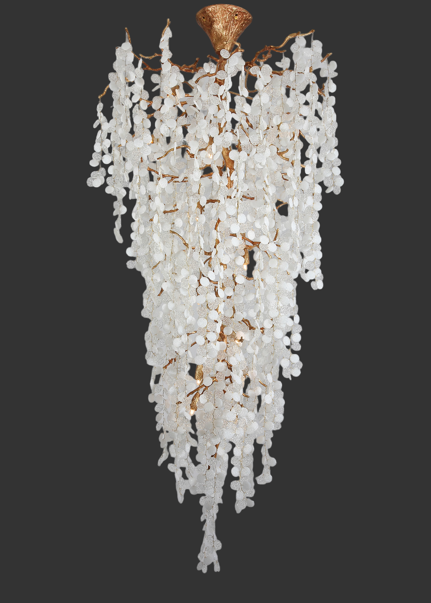 Sculptural branch-inspired frame with cascading glass discs chandelier