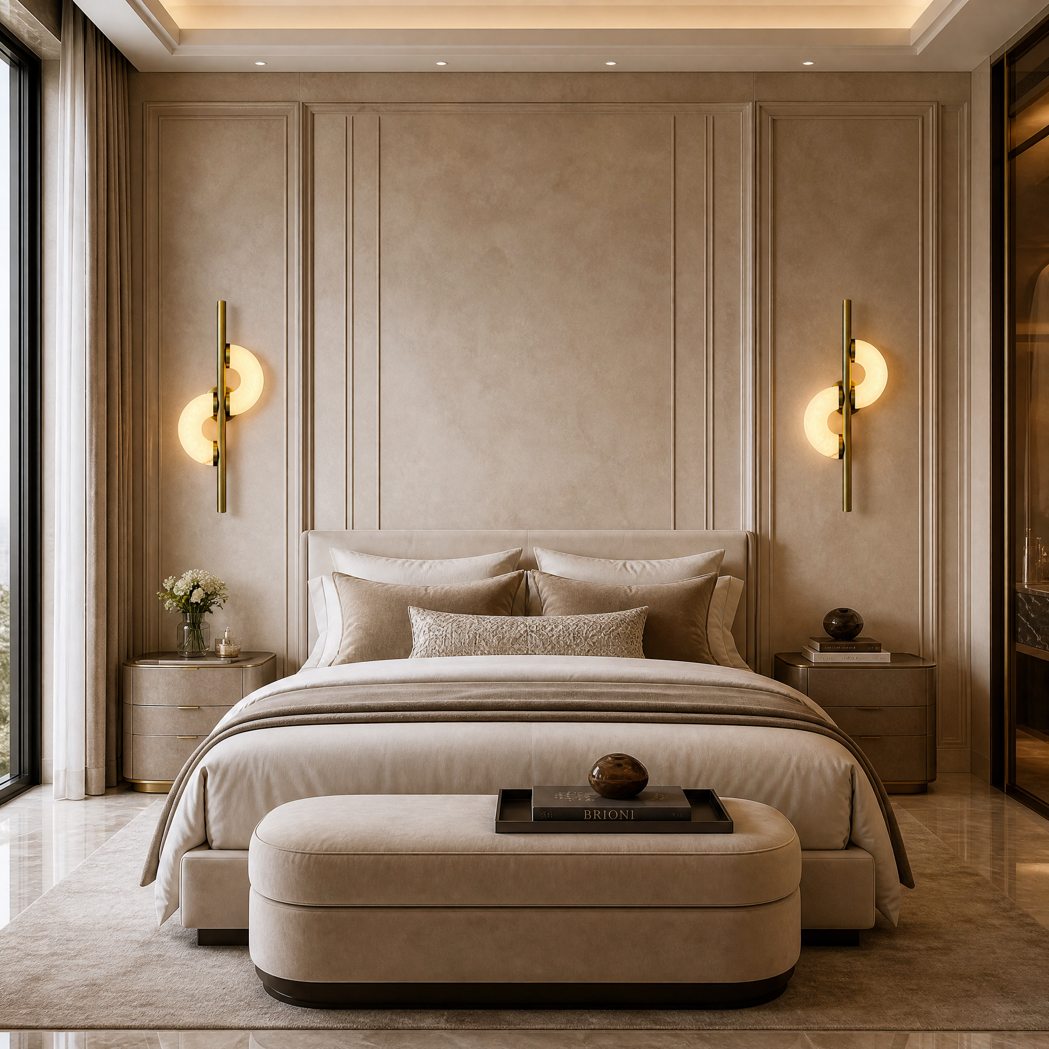 Lunaro marble wall light by Vorelli illuminating a luxury residential living room with a warm ambient glow.