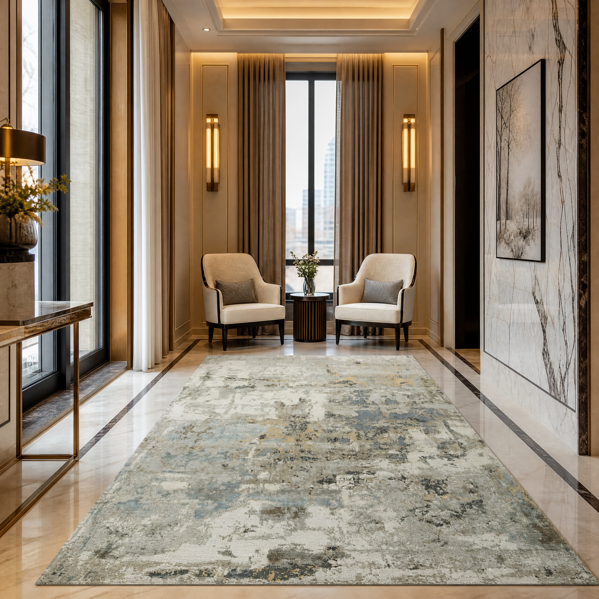 Elegant Azzurra runner placed as a luxurious bedside accent in a modern hotel suite