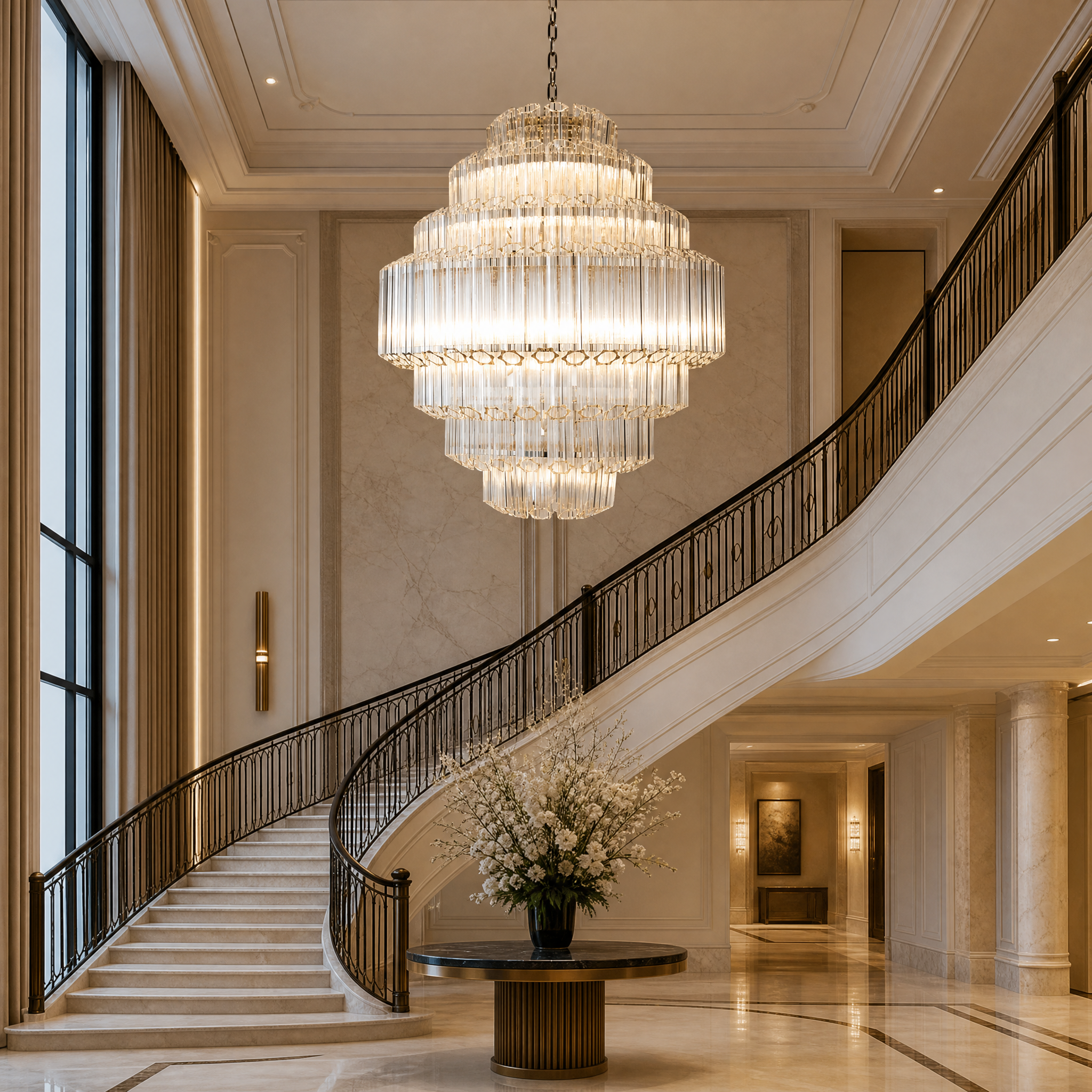 Grand diamond-formation glass tube chandelier lighting a luxury boutique hotel staircase