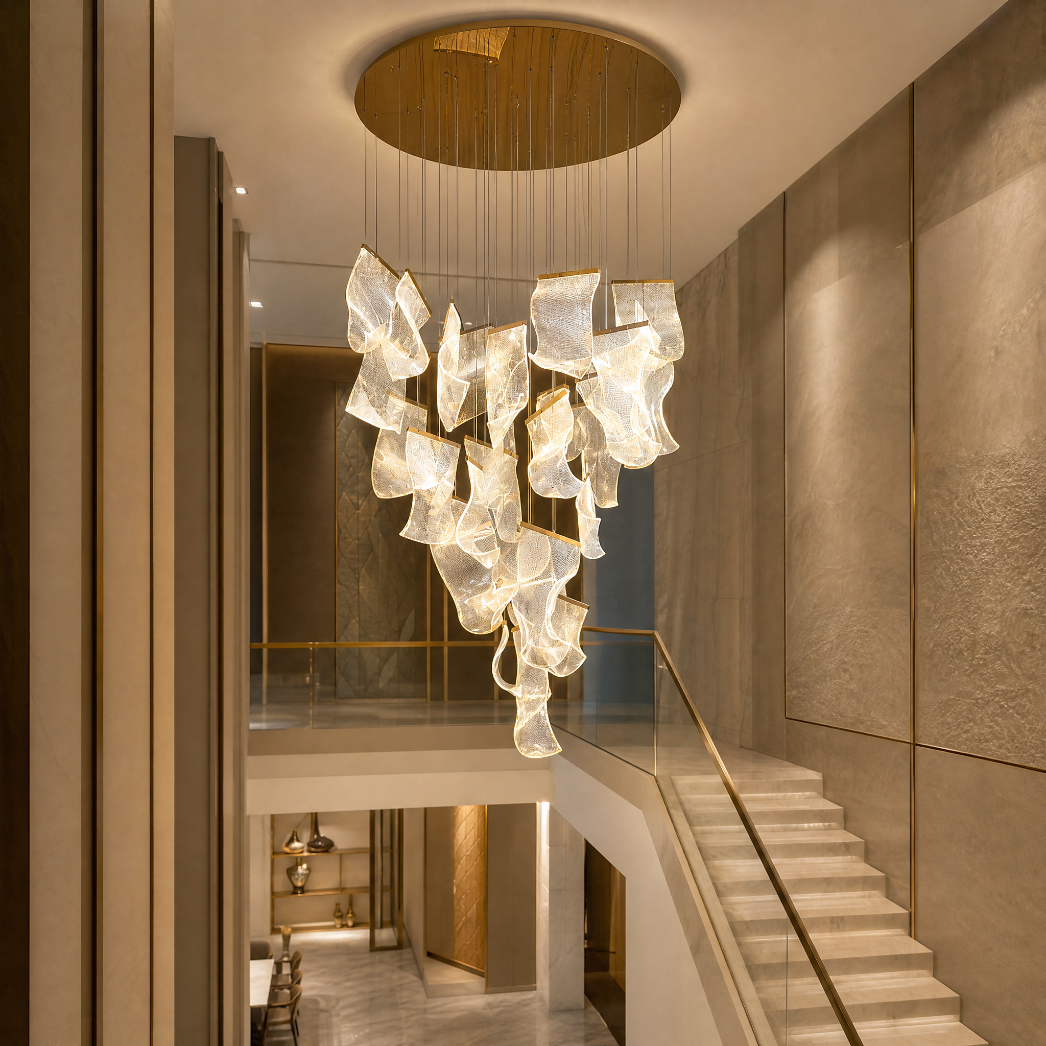 The luxury VORELLI Fluente LED staircase chandelier creating an elegant, artistic atmosphere in a high-end hotel lobby.