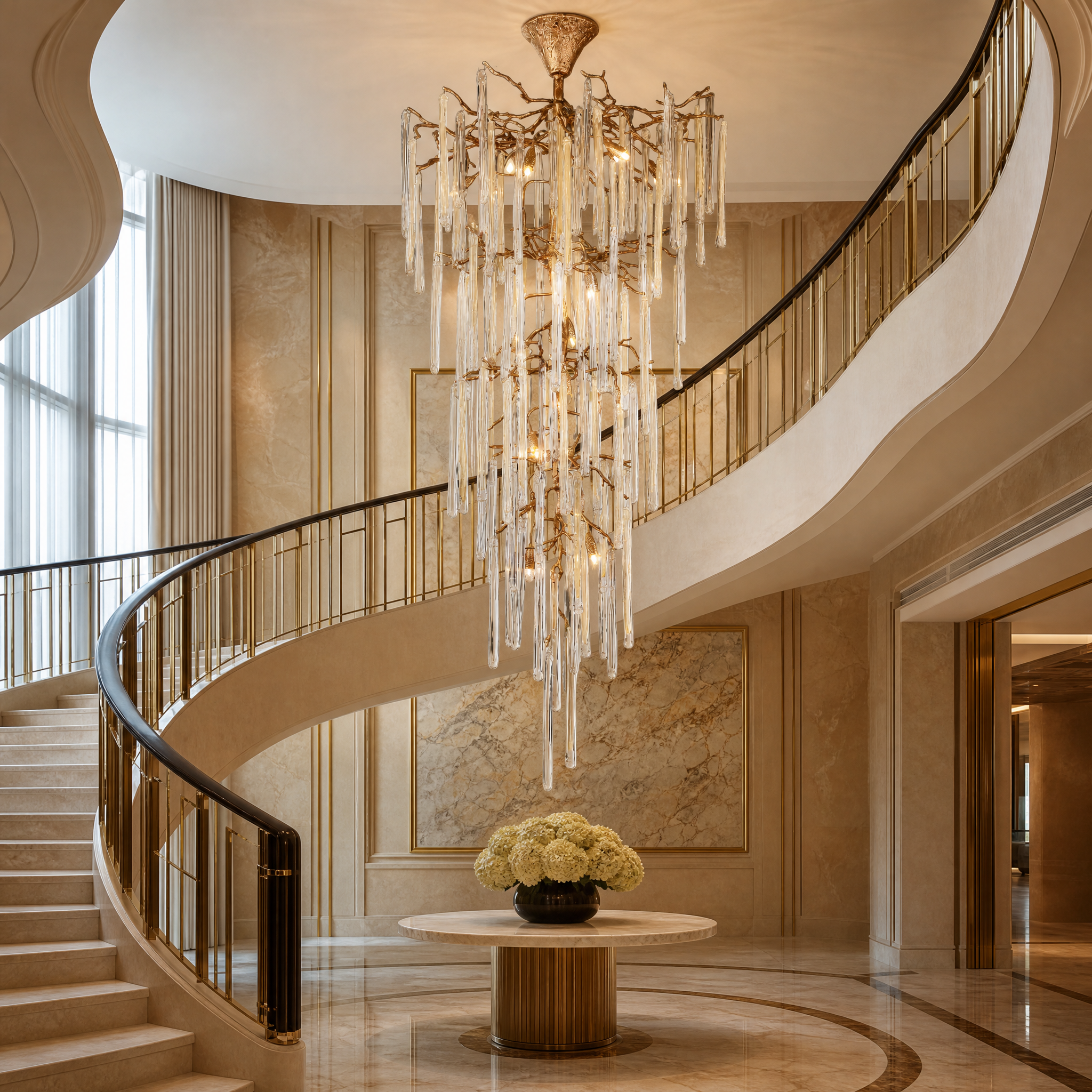 Grand VORELLI Icicle chandelier sculpture displayed in a hospitality foyer creating architectural depth and refined light.