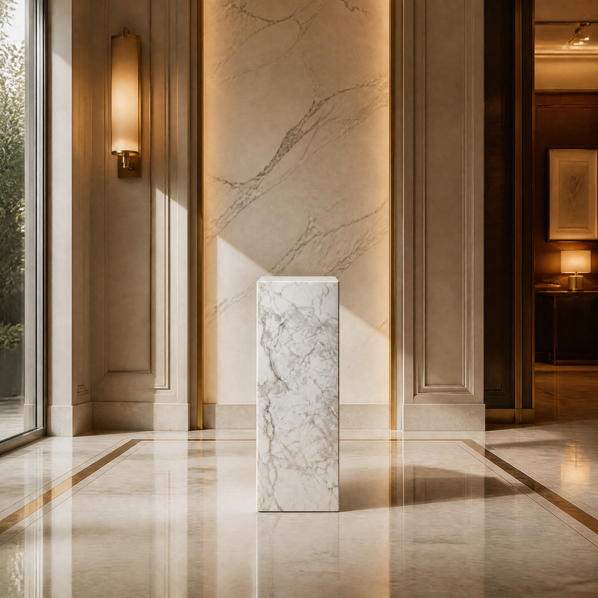 An elegant boutique hotel lobby entryway featuring a premium White Carrara marble pedestal stand displaying a high-end art sculpture.