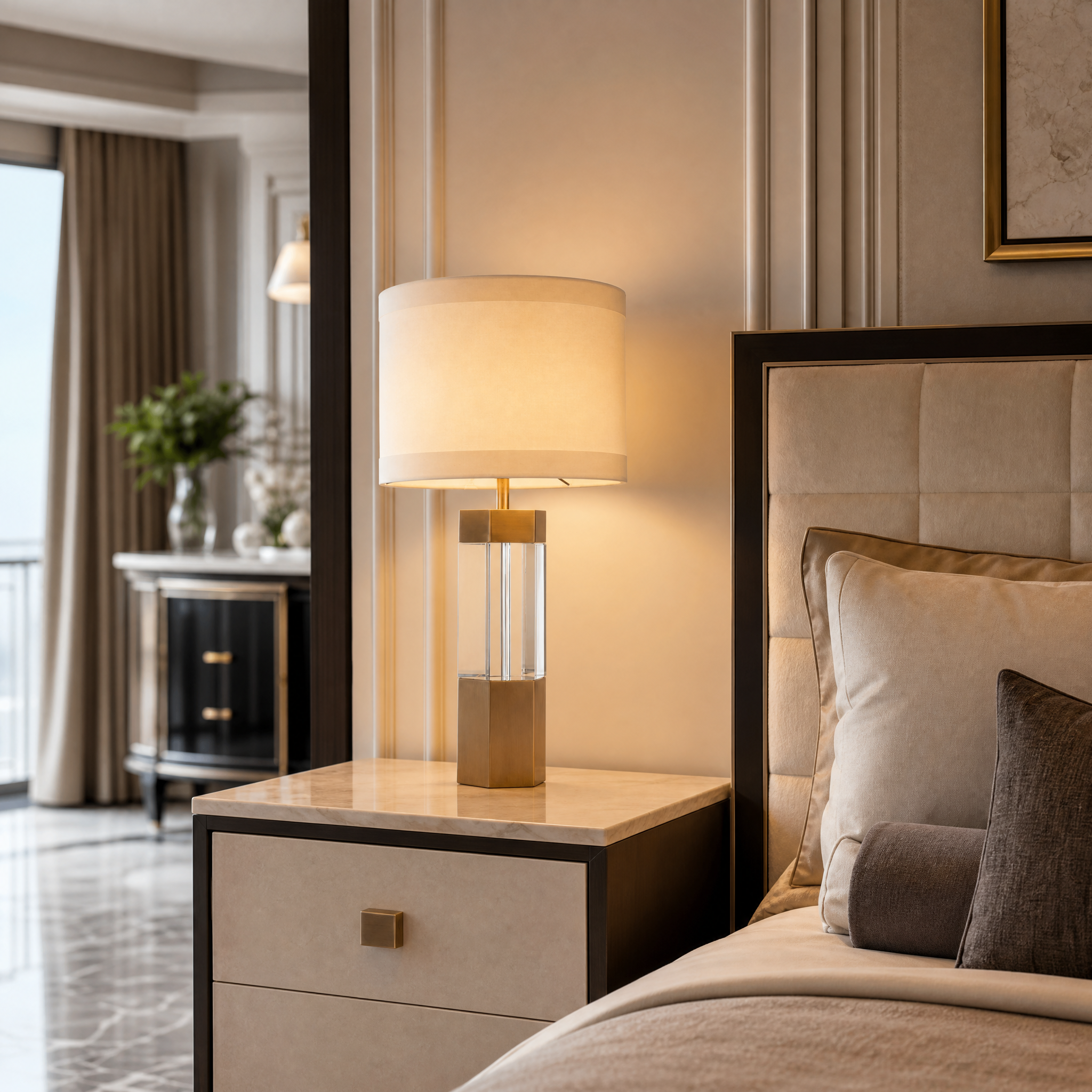 Aurexa table lamp featuring warm brass and clear crystal placed on a luxury hotel bedside table.