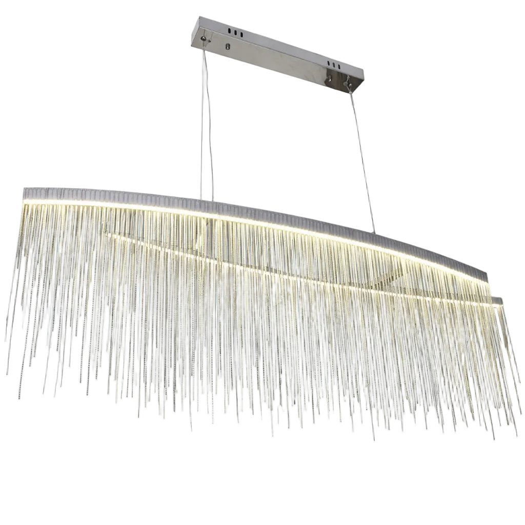 Luxury interior design setting featuring the Adlington Arc Rectangular Chandelier by VORELLI, emphasizing grand scale and modern elegance.