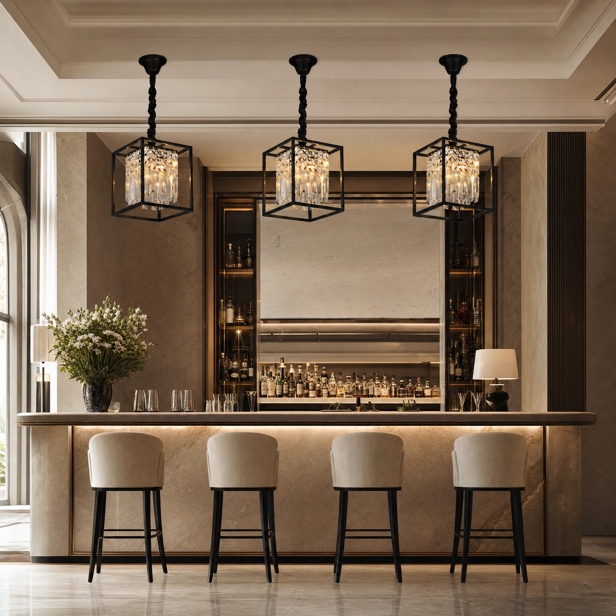 An upscale boutique hotel lobby or hospitality lounge beautifully lit by the Maddison crystal bar linear pendant fixture.
