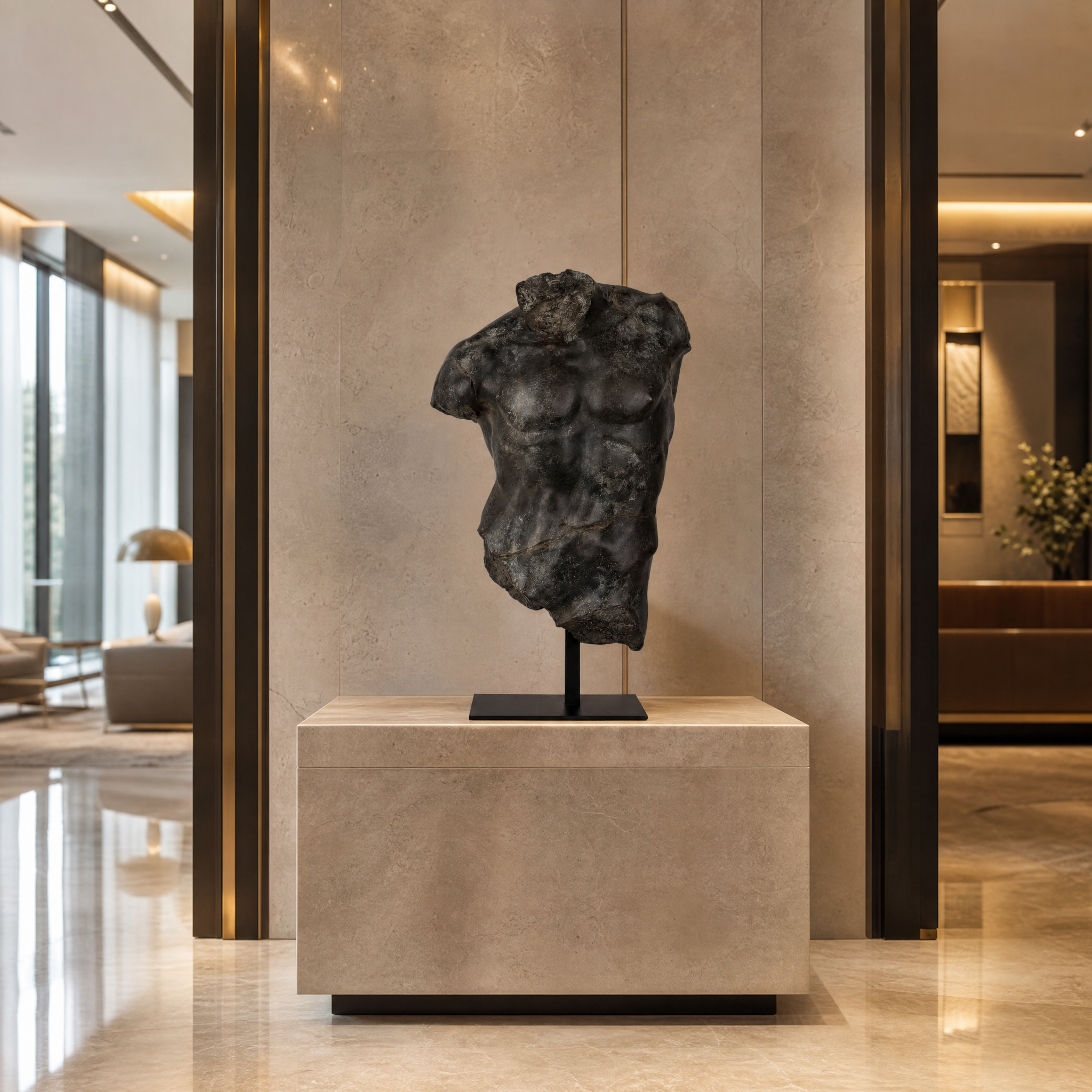 Magnano Large Bronze Torso male sculpture enhancing the sophisticated ambiance of a luxury hotel lobby or hospitality lounge.
