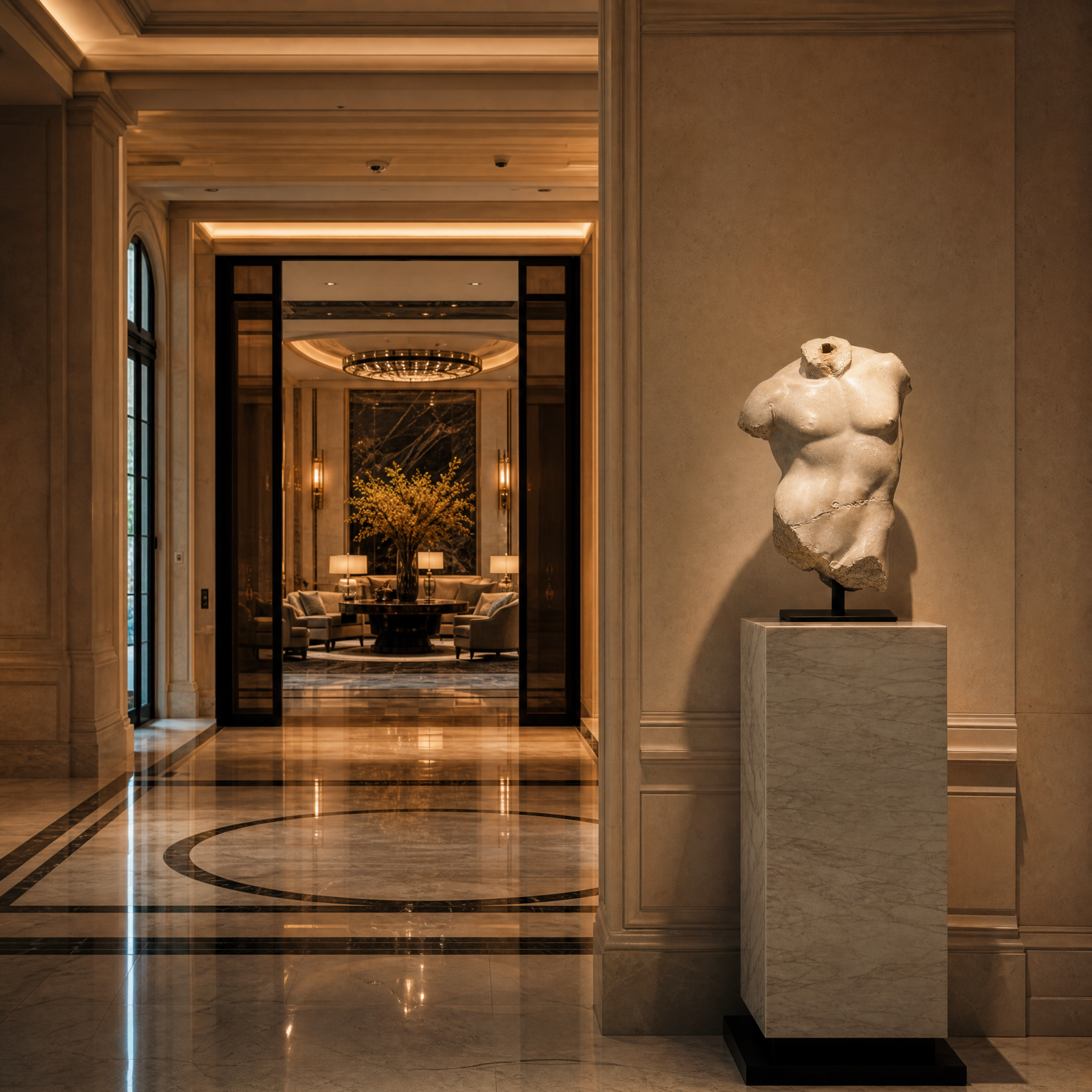 An antique plaster aesthetic Magnano small torso sculpture displayed on a minimalist reception desk in a luxury boutique hotel lobby.
