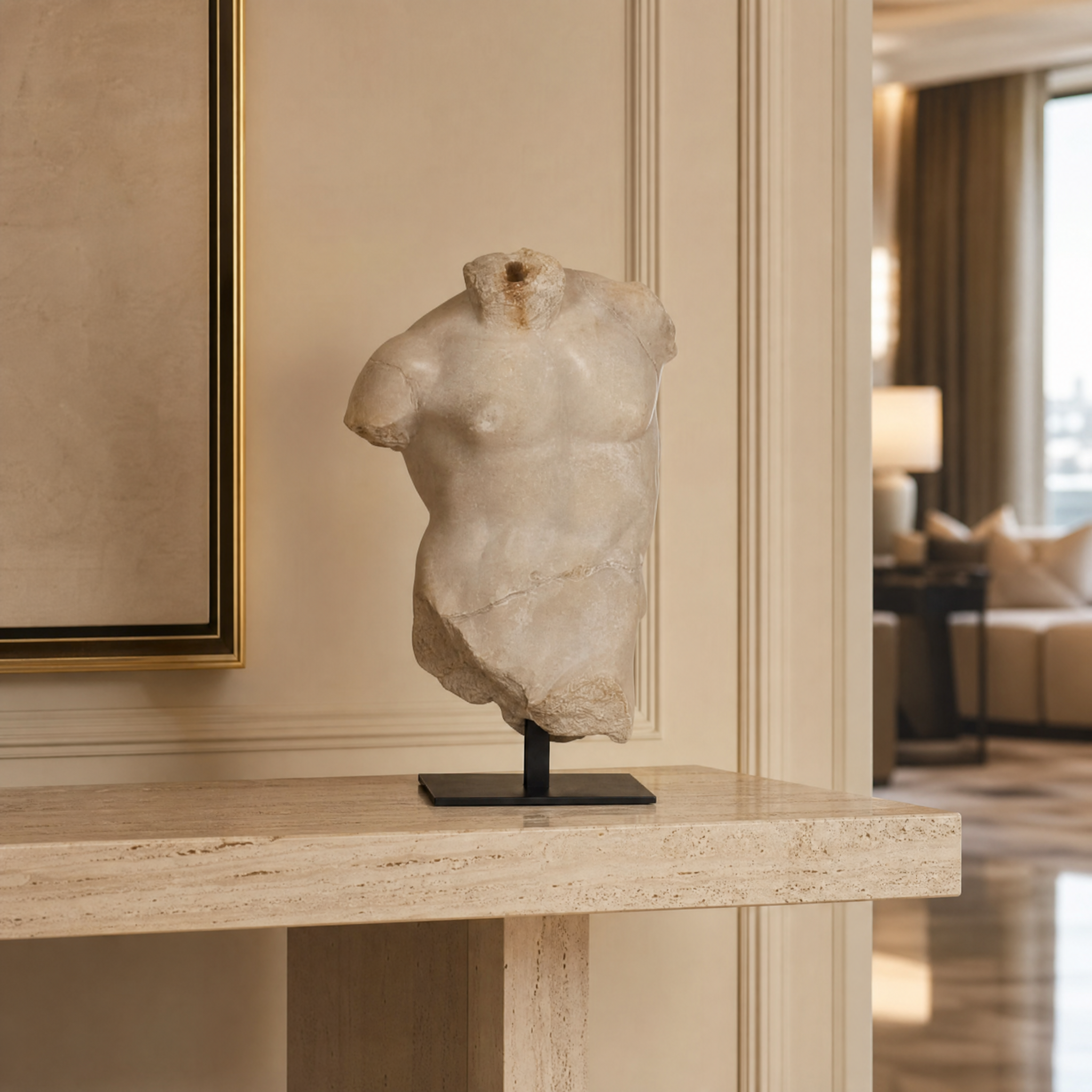 VORELLI Magnano small male torso decor piece styled elegantly on a contemporary living room console table next to modern interior accents.