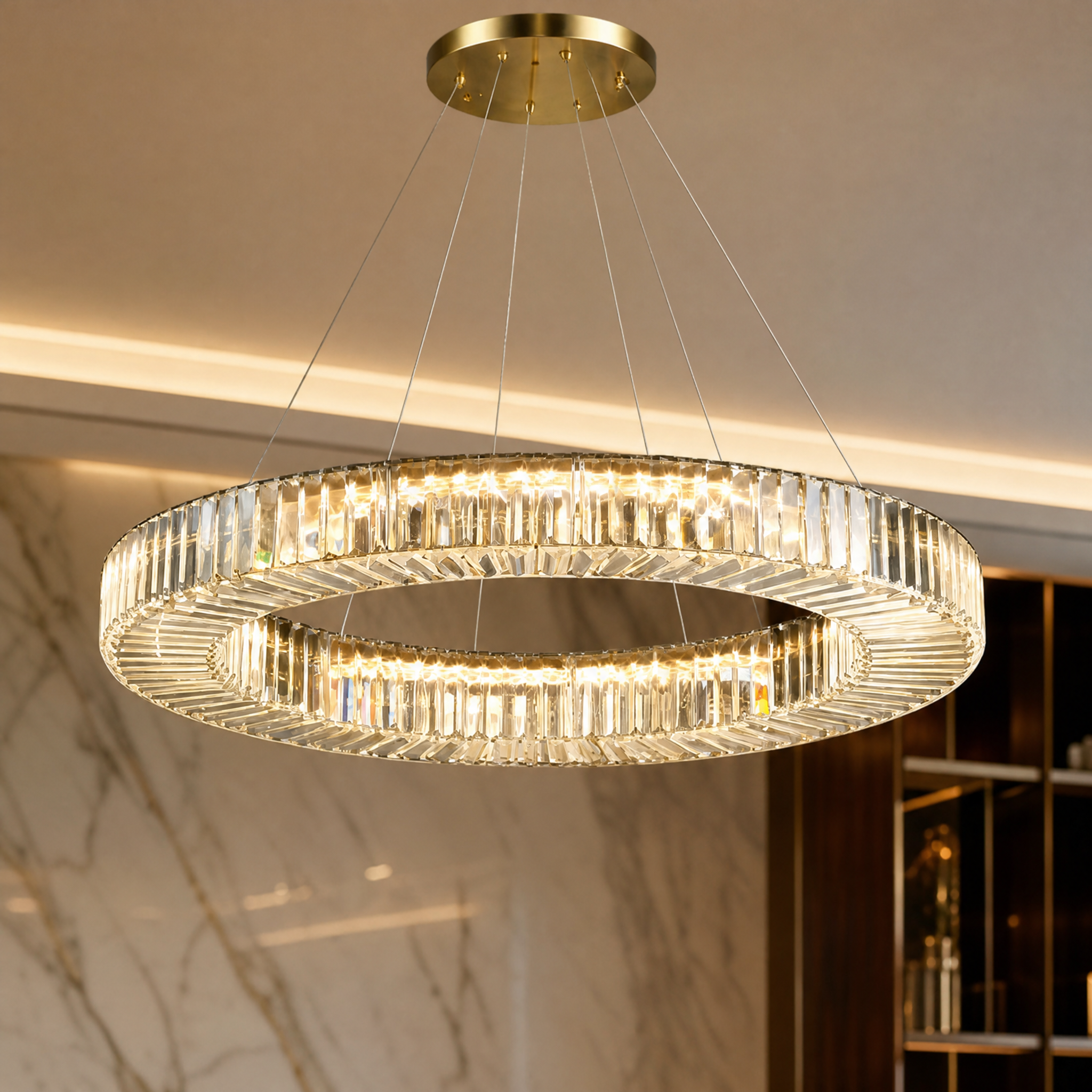 A macro closeup showing the intricate crystal bars covering the top, bottom, and sides of the VORELLI Maia circular chandelier ring.