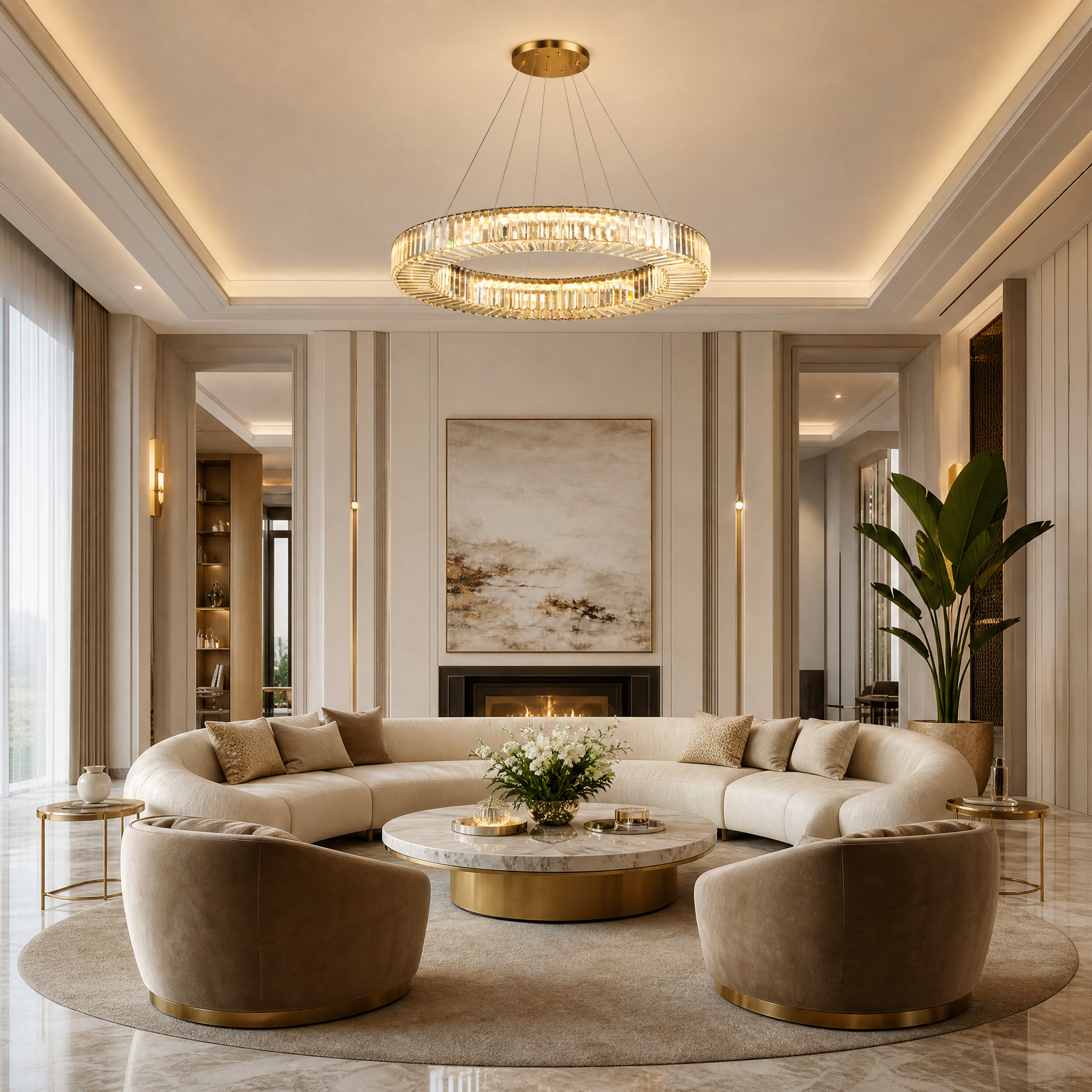 The VORELLI Maia circular crystal chandelier illuminating a luxury, upscale residential dining room with a warm, sophisticated glow.