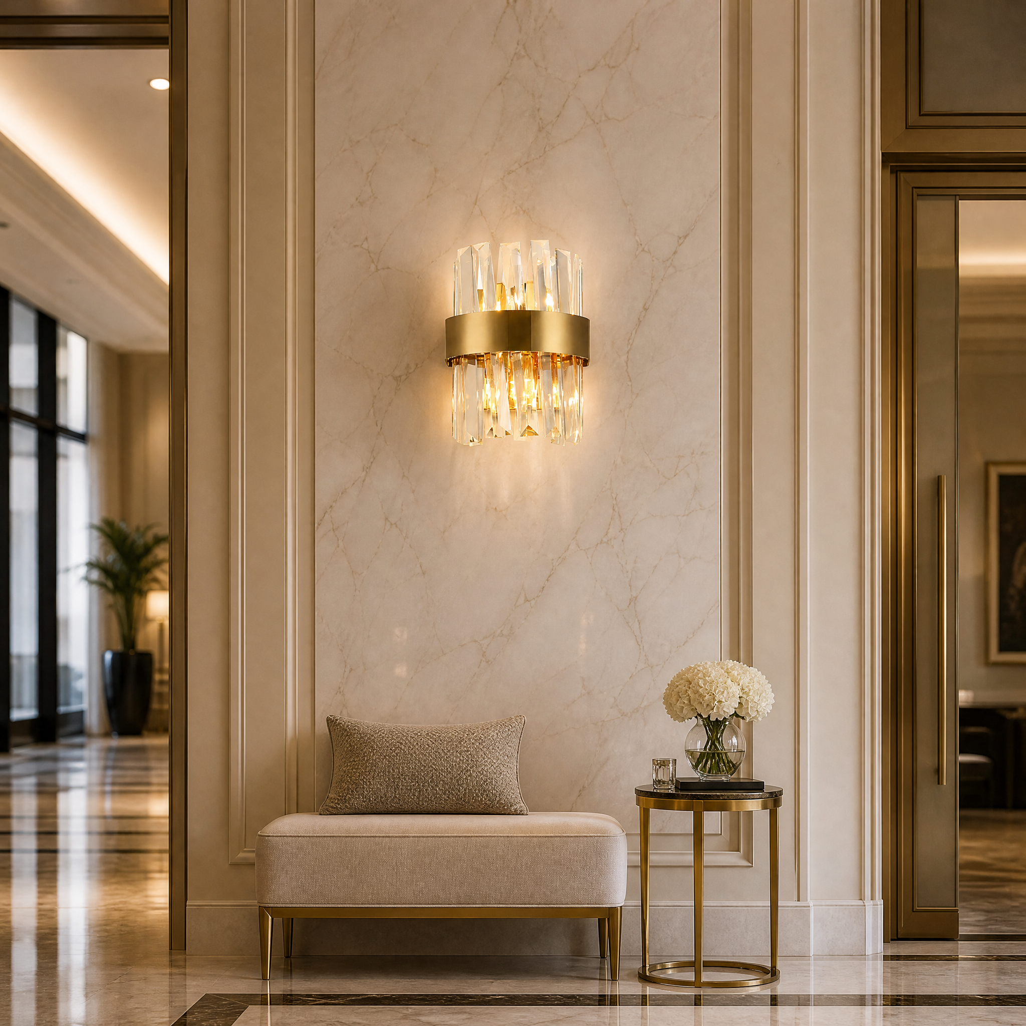 Elegant VORELLI Malahide crystal wall sconces illuminating an upscale hotel lobby interior with sophisticated light and shadow.