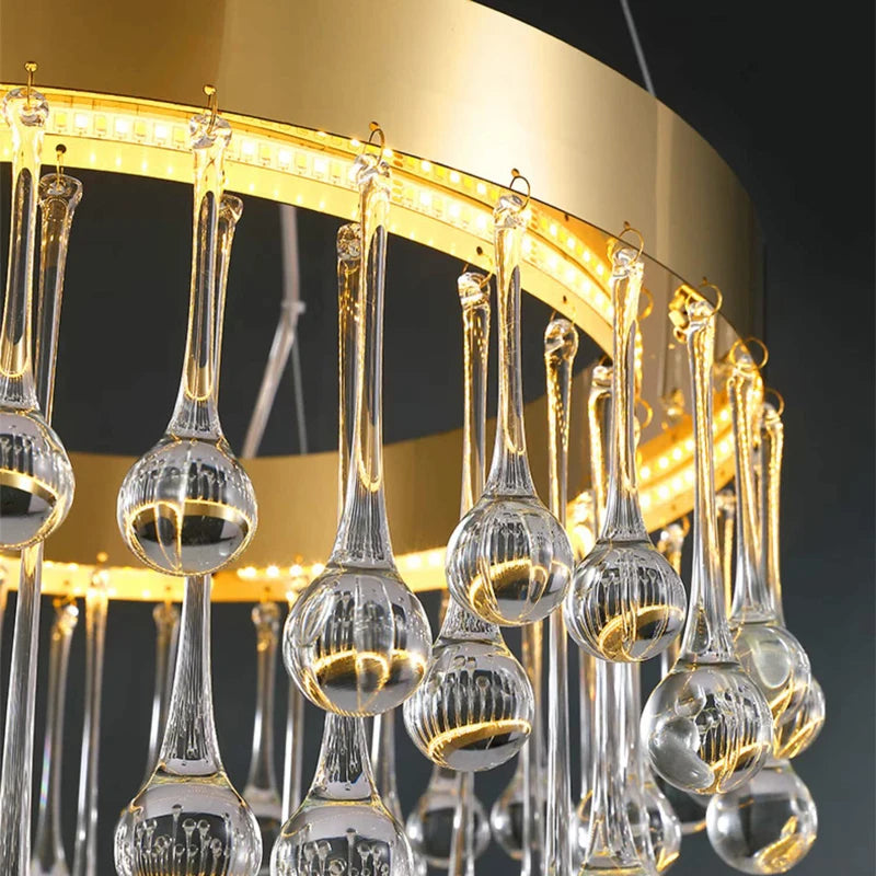 Close-up of decorative crystal droplets suspended from the Mancini ring chandelier