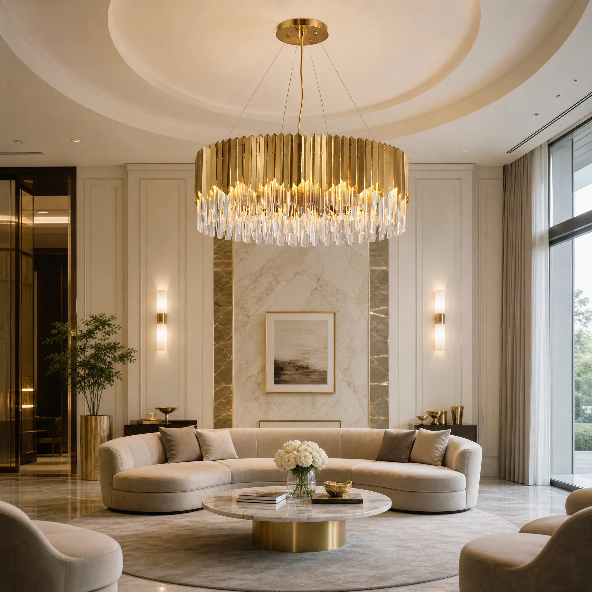 VORELLI Manhattan Circular Chandelier installed in a luxury residential living room, casting a warm glow over upscale contemporary decor.