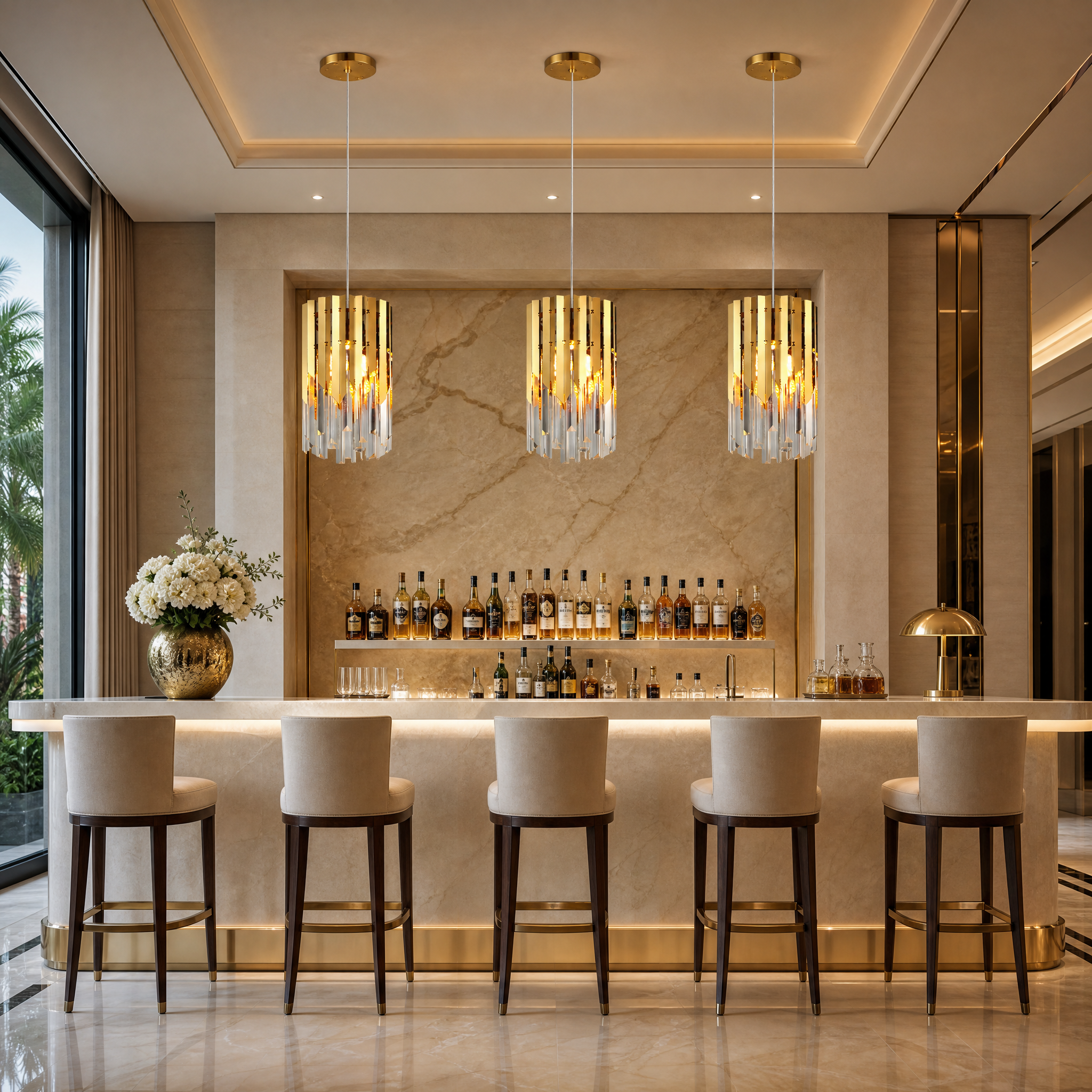 A sophisticated hospitality reception lobby enhanced by the contemporary elegance of the VORELLI Manhattan crystal pendant lighting fixture.