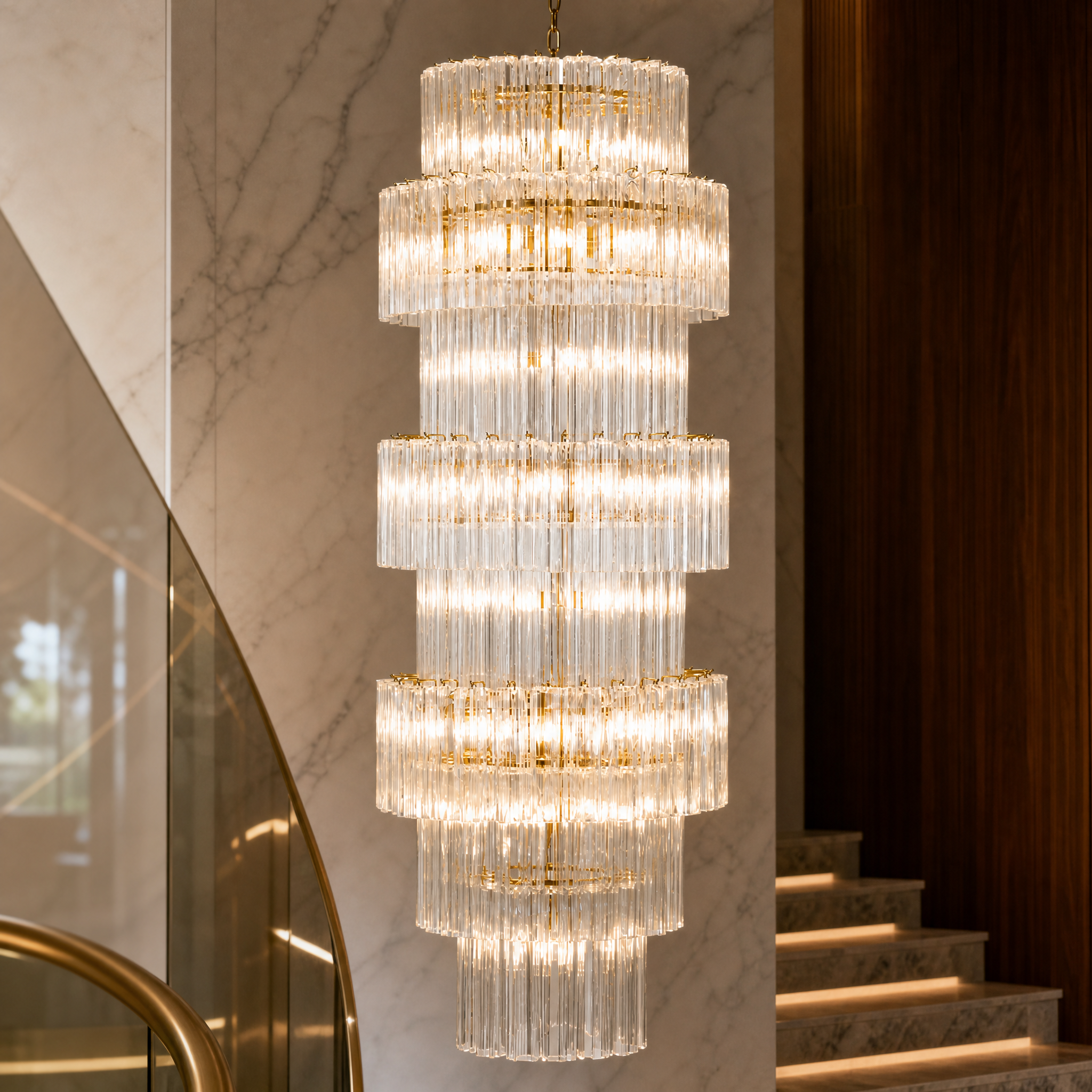 Close-up detail of the clear textured glass tubes and satin brass frame of the VORELLI Mantovano Grandeur chandelier.