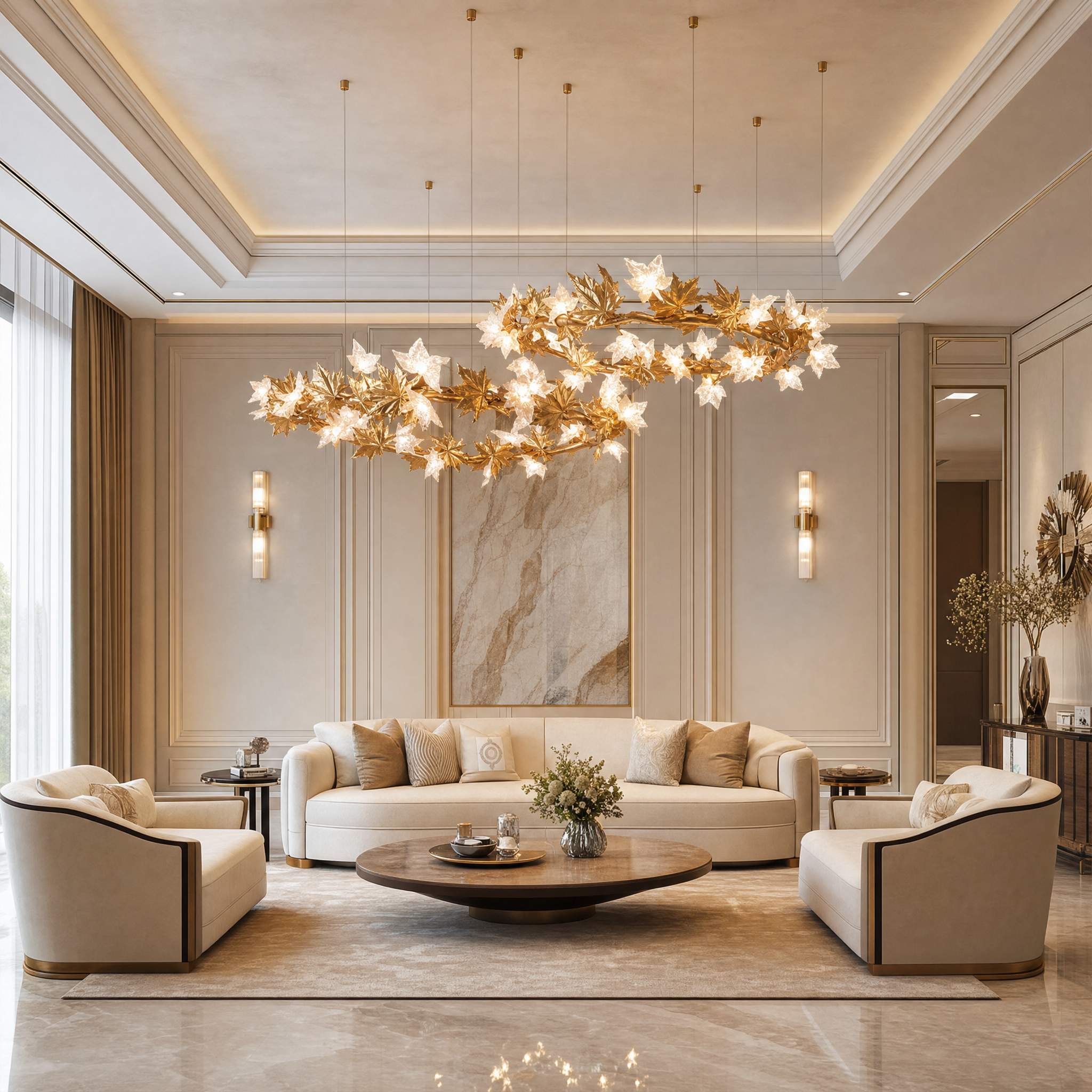 VORELLI Maple Grove circular chandelier illuminating a luxury residential living room with a warm glow over contemporary furniture.