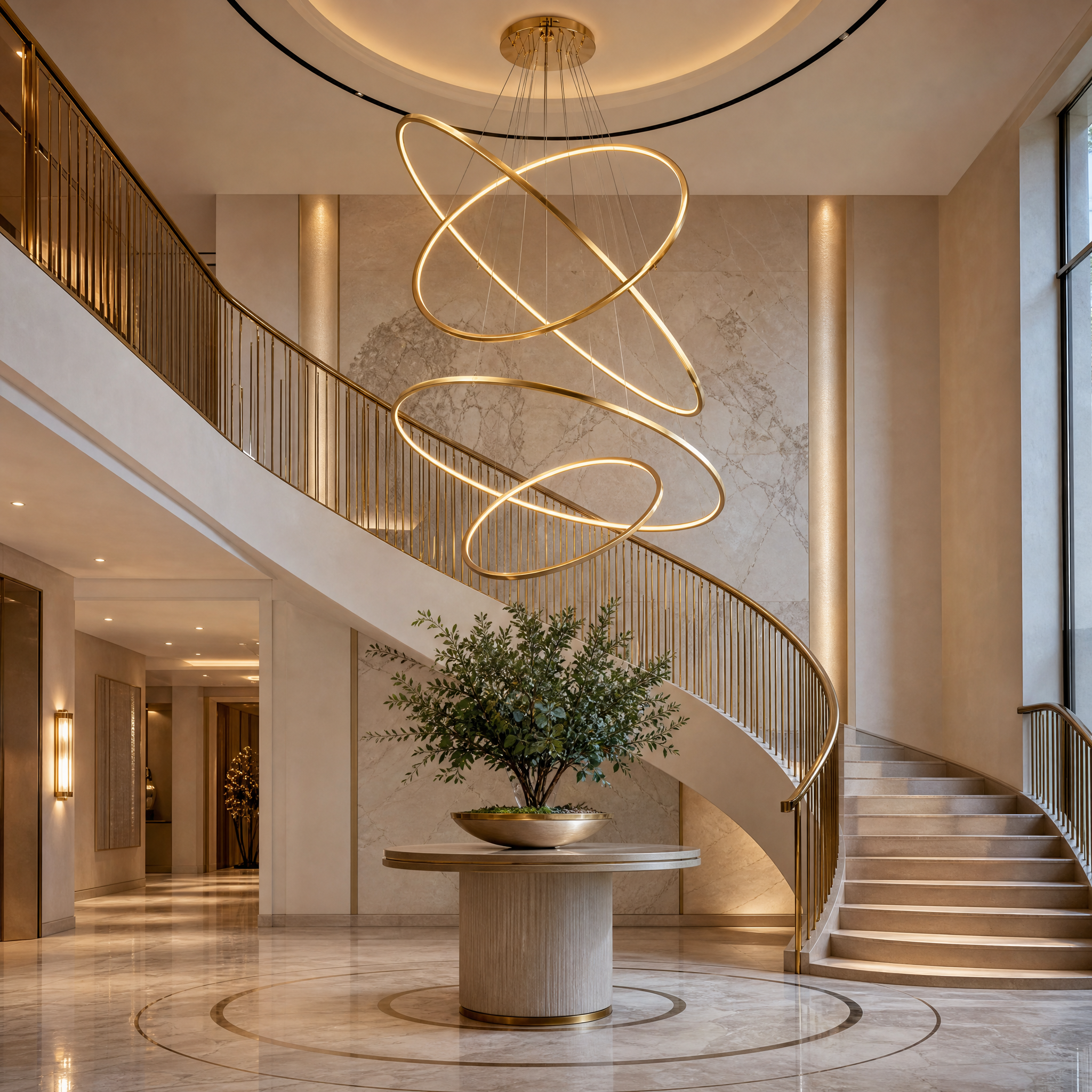 Upscale hotel lobby installation showcasing the dynamic, interlocking LED rings of the Marcello staircase chandelier.